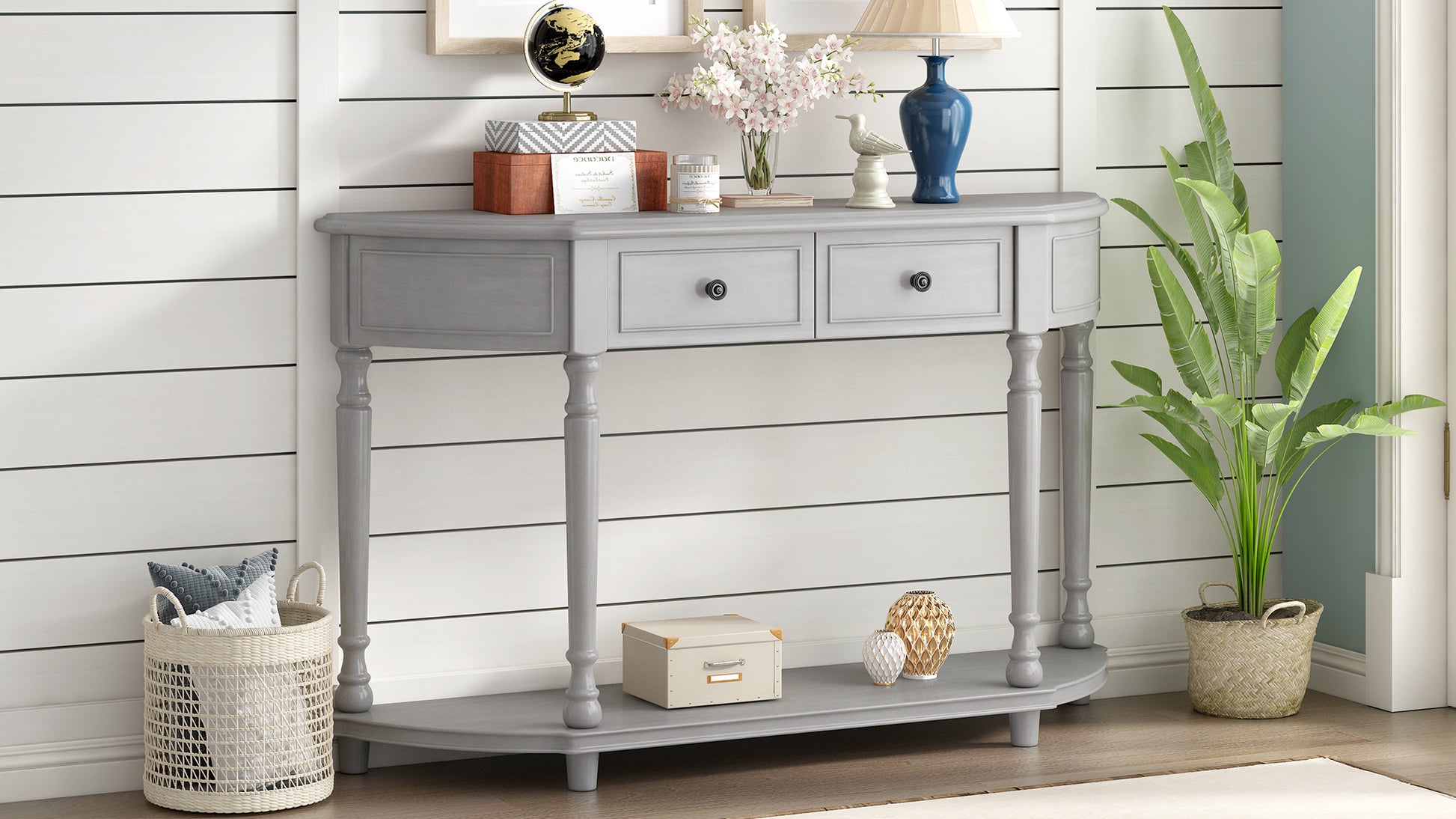 Retro Circular Curved Design Console Table With Open Style Shelf Solid Wooden Frame And Legs Two Top Drawers Gray Wash, Old Sku: Wf298768Aae Gray Wash Solid Wood