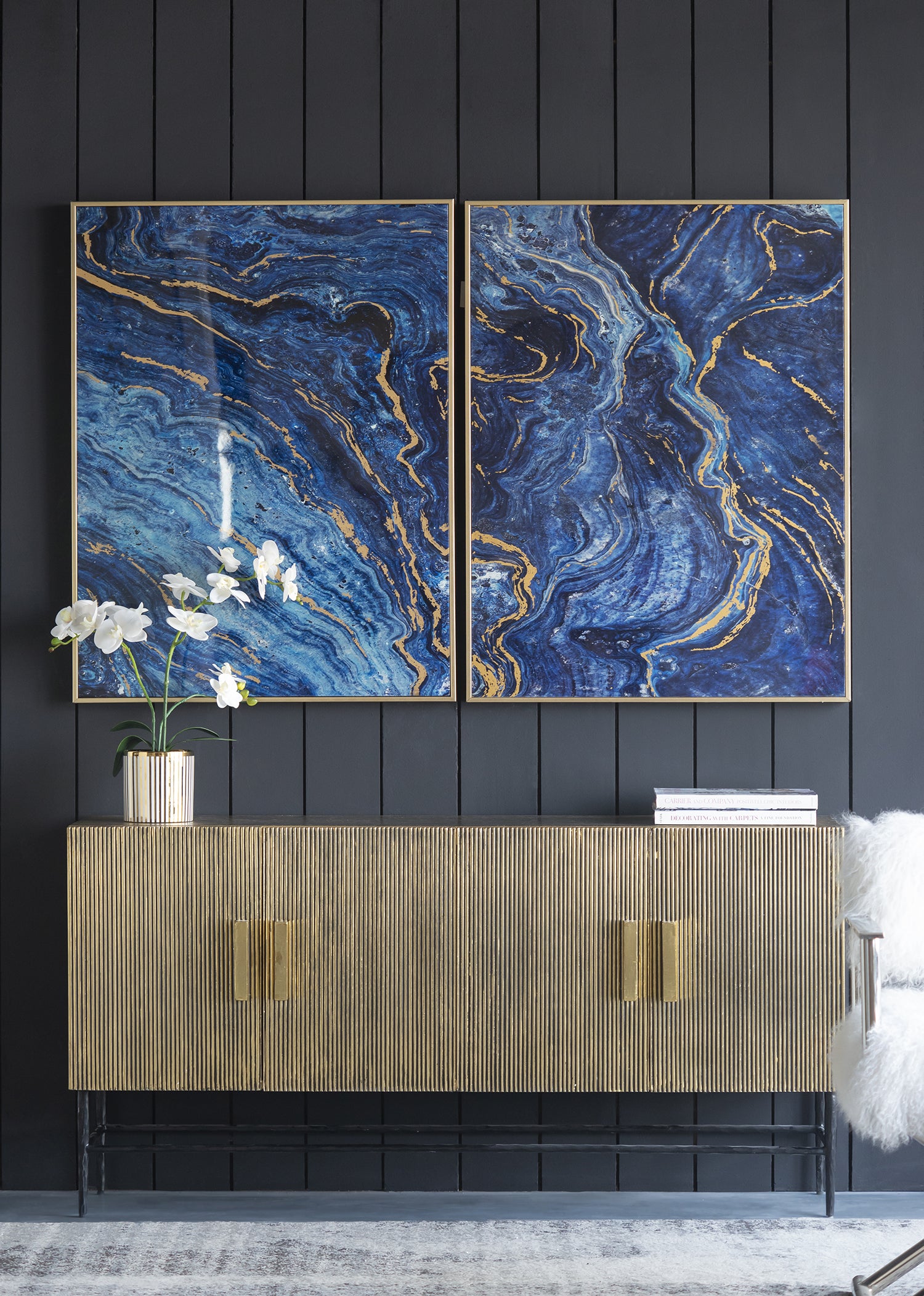 Set Of 2 Blue And Gold Framed Art Panels, Unique Marbled Design, 30.5" X 40" Blue Mdf