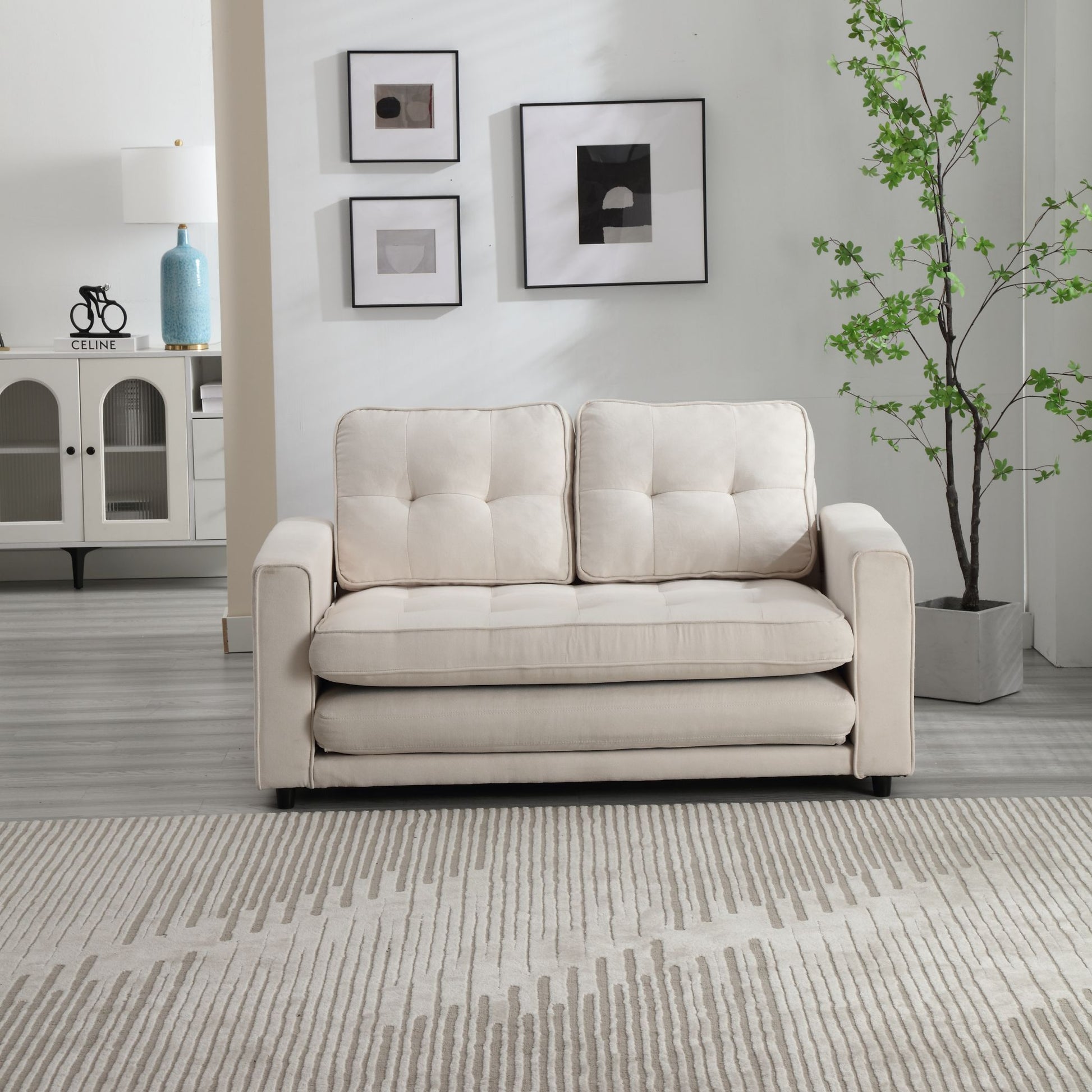 3 Fold Sofa,Convertible Futon Couch Sleeper Sofabed,Space Saving Seat,Pull Out Couch Bed For Living Room,Dark Gray & Light Gray & Beige,Velvet Linen Fabric Beige Velvet Wood Primary Living Space Medium Soft Loose Back Modern Square Arms Velvet 2 Seat