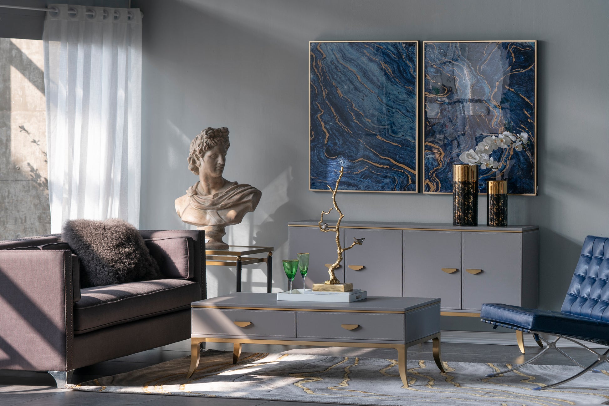 Set Of 2 Blue And Gold Framed Art Panels, Unique Marbled Design, 30.5" X 40" Blue Mdf