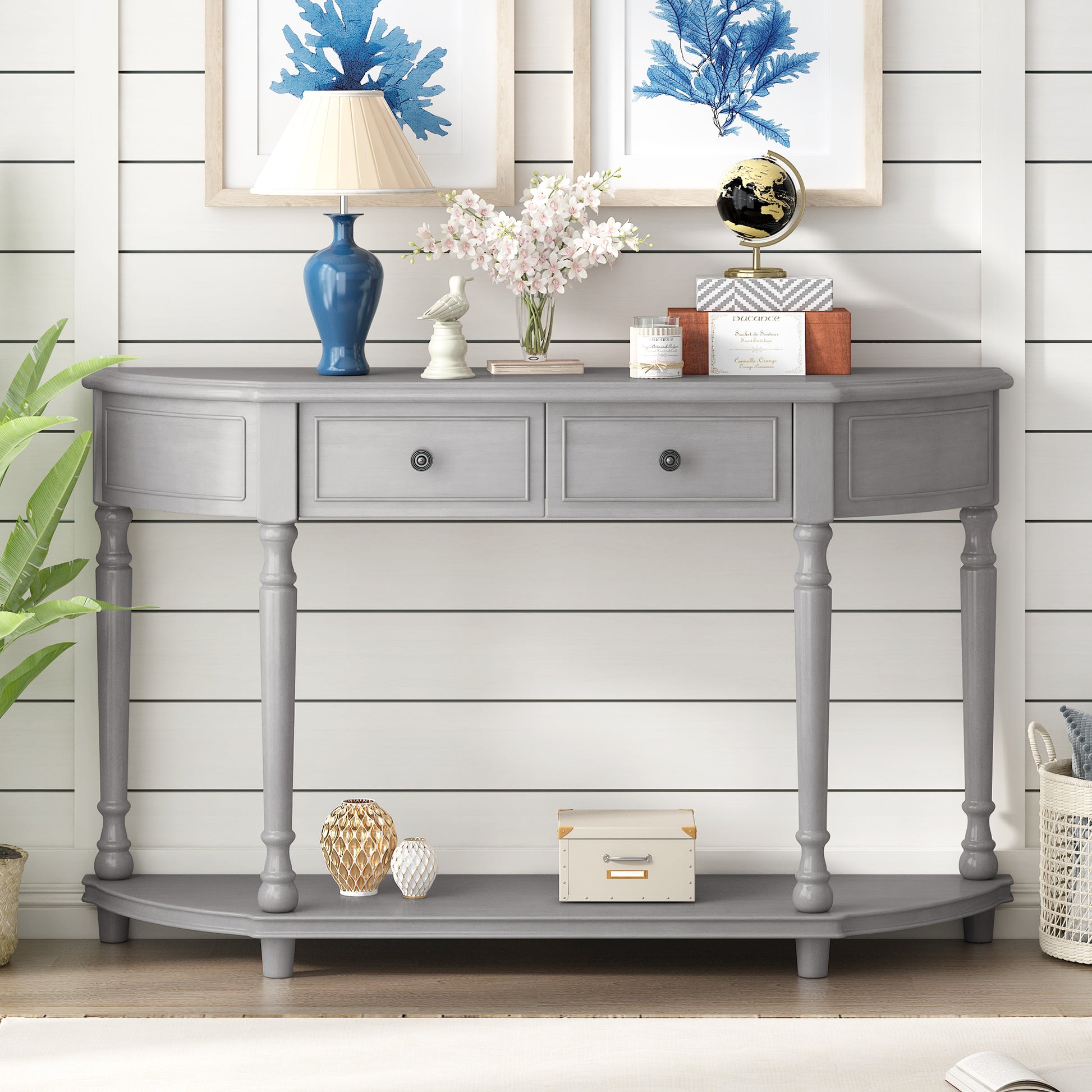 Retro Circular Curved Design Console Table With Open Style Shelf Solid Wooden Frame And Legs Two Top Drawers Gray Wash, Old Sku: Wf298768Aae Gray Wash Solid Wood