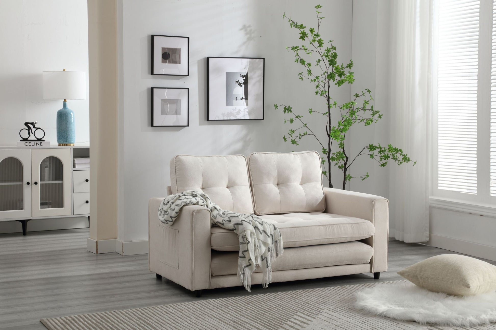 3 Fold Sofa,Convertible Futon Couch Sleeper Sofabed,Space Saving Seat,Pull Out Couch Bed For Living Room,Dark Gray & Light Gray & Beige,Velvet Linen Fabric Beige Velvet Wood Primary Living Space Medium Soft Loose Back Modern Square Arms Velvet 2 Seat