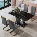 Modern Minimalist Rectangular Dining Table, 0.4 Inch Thick, With A Black Imitation Marble Pattern Desktop And Black Mdf Legs. Suitable For Kitchen And Restaurant 63''*35.4''X30