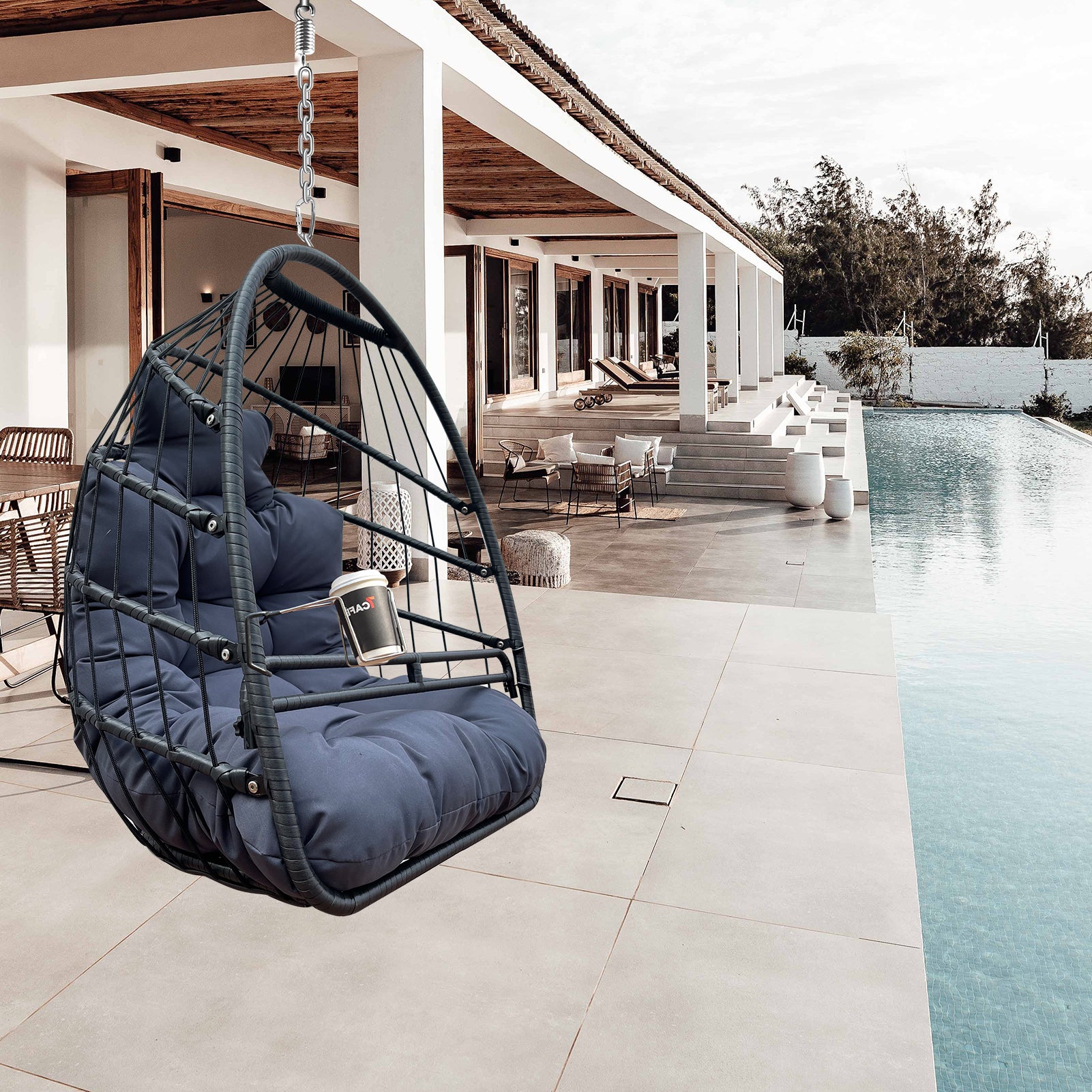 Swing Hammock Egg Basket Chairs Without Stand Indoor Outdoor, Uv Resistant Cushion Hanging Chair, Foldable Frame 350Lbs Capacity Ceiling Hammock Chair For Patio Porch Backyard Balcony Black Metal