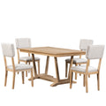 Rustic 5 Piece Dining Table Set With 4 Upholstered Chairs, 59 Inch Rectangular Dining Table With Trestle Table Base, Naural Wood Dining Room Solid Wood Rubberwood Rectangular Dining Table With Chair Upholstered Chair Wood Natural Solid Back Seats 4