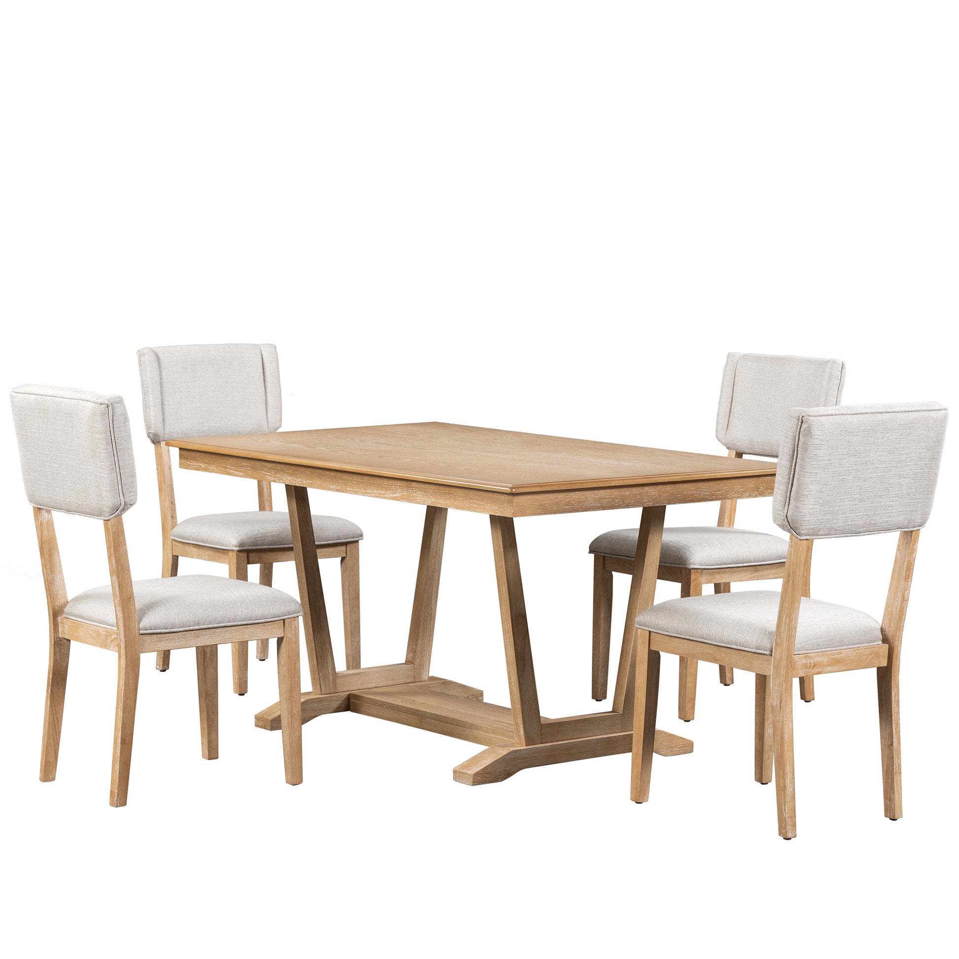 Rustic 5 Piece Dining Table Set With 4 Upholstered Chairs, 59 Inch Rectangular Dining Table With Trestle Table Base, Naural Wood Dining Room Solid Wood Rubberwood Rectangular Dining Table With Chair Upholstered Chair Wood Natural Solid Back Seats 4