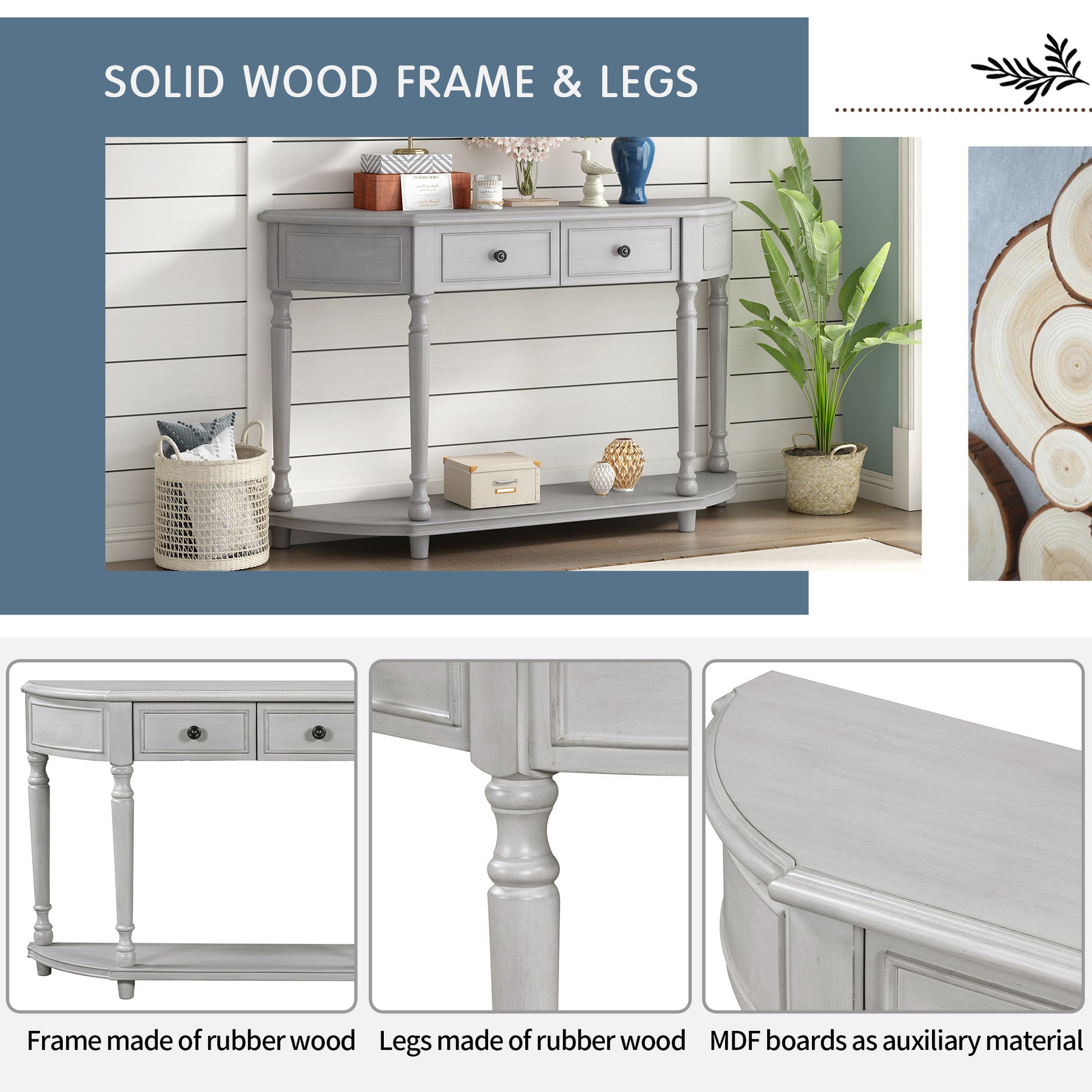 Retro Circular Curved Design Console Table With Open Style Shelf Solid Wooden Frame And Legs Two Top Drawers Gray Wash, Old Sku: Wf298768Aae Gray Wash Solid Wood