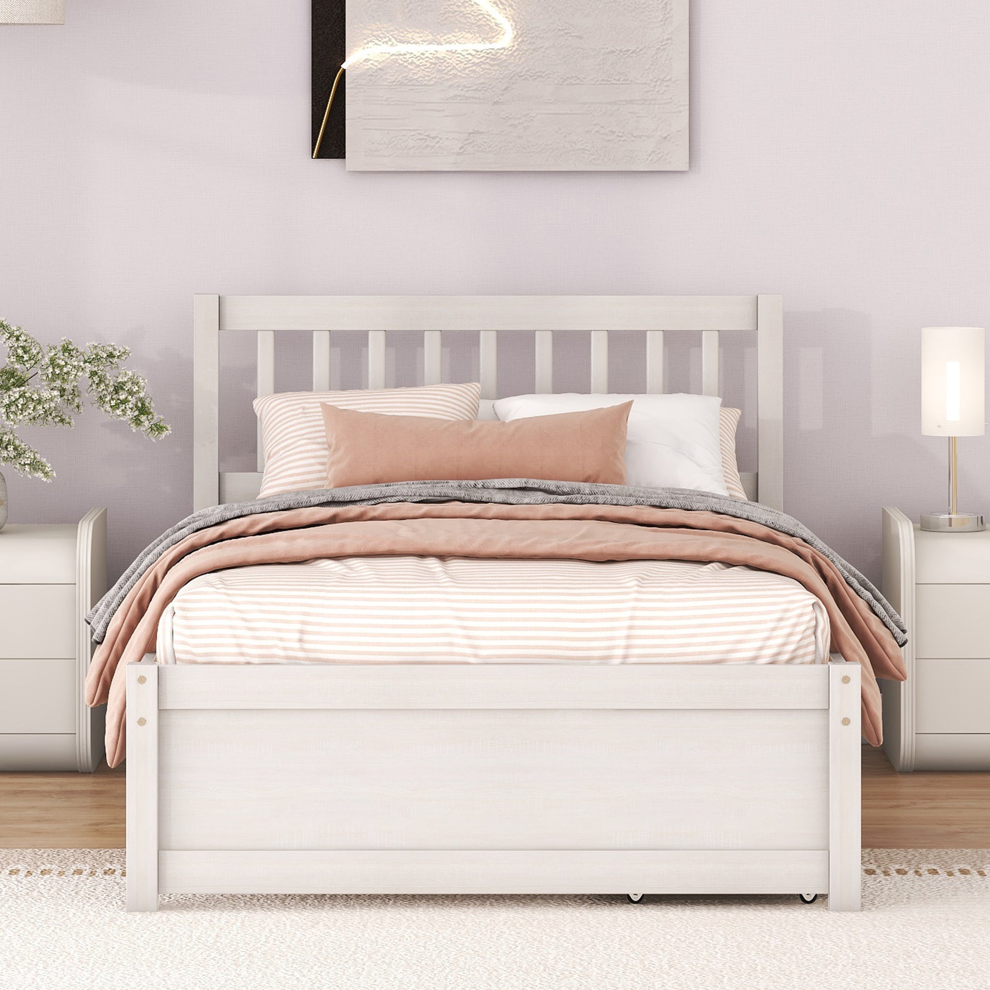 Modern Design Wooden Twin Size Platform Bed With 2 Drawers For White Washed Color White Washed Rubber Wood