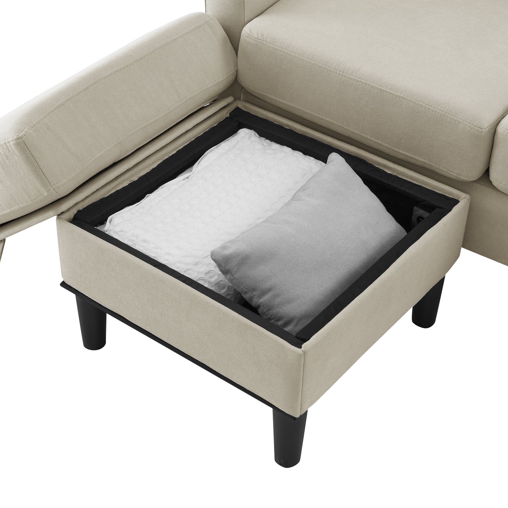 Upholstered Sectional Sofa Couch, L Shaped Couch With Storage Reversible Ottoman Bench 3 Seater For Living Room, Apartment, Compact Spaces, Fabric Beige Beige Wood Primary Living Space Soft Pillow Back Modern Square Arms Foam Solid Wood 4 Seat