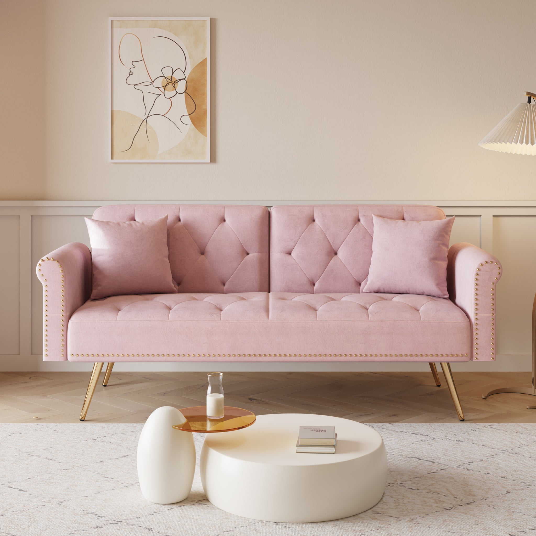 69.7 Inch Pink Velvet Nail Head Sofa Bed With Throw Pillow Pink Velvet 2 Seat