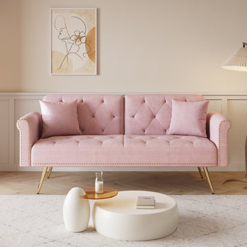 69.7 Inch Pink Velvet Nail Head Sofa Bed With Throw Pillow Pink Velvet 2 Seat
