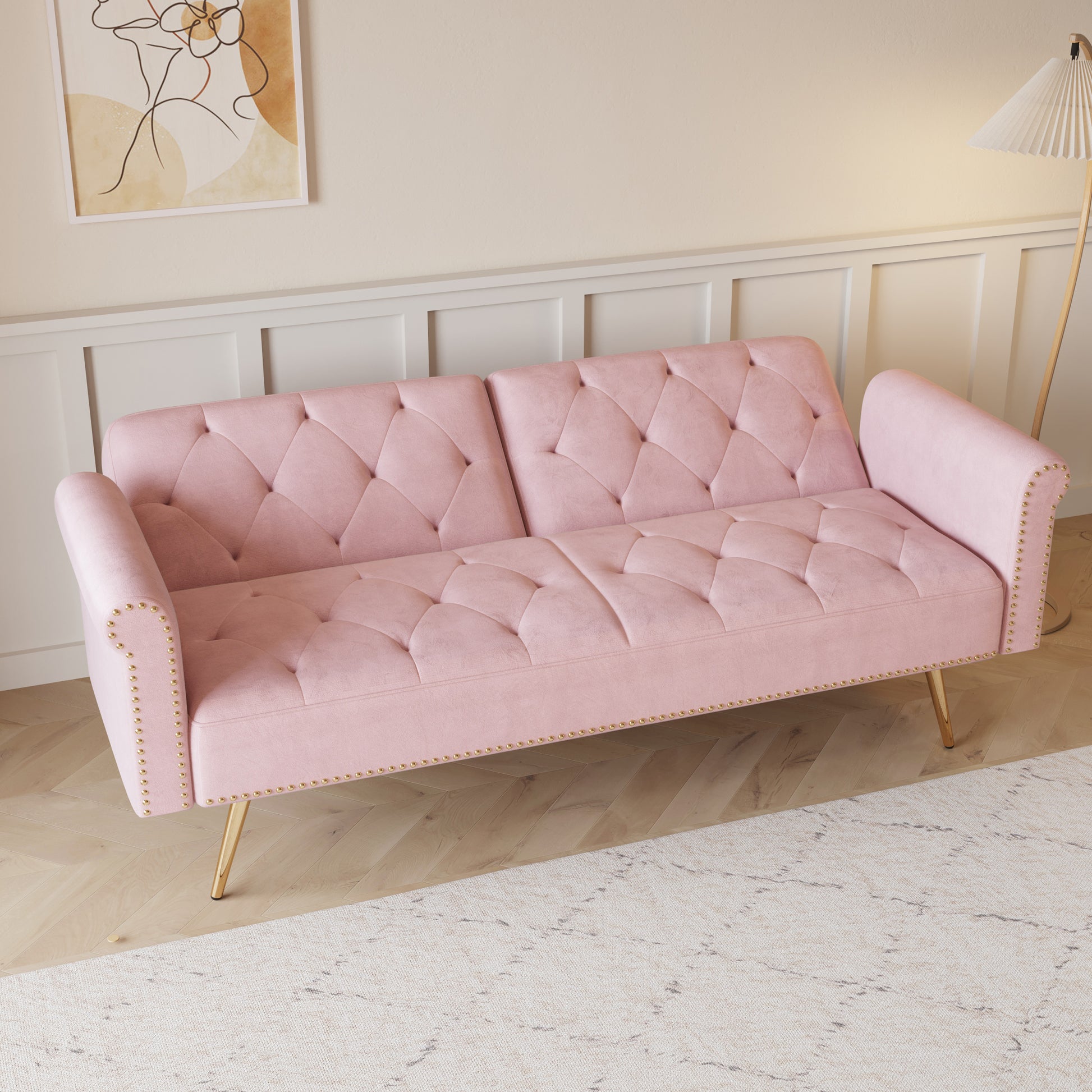 69.7 Inch Pink Velvet Nail Head Sofa Bed With Throw Pillow Pink Velvet 2 Seat