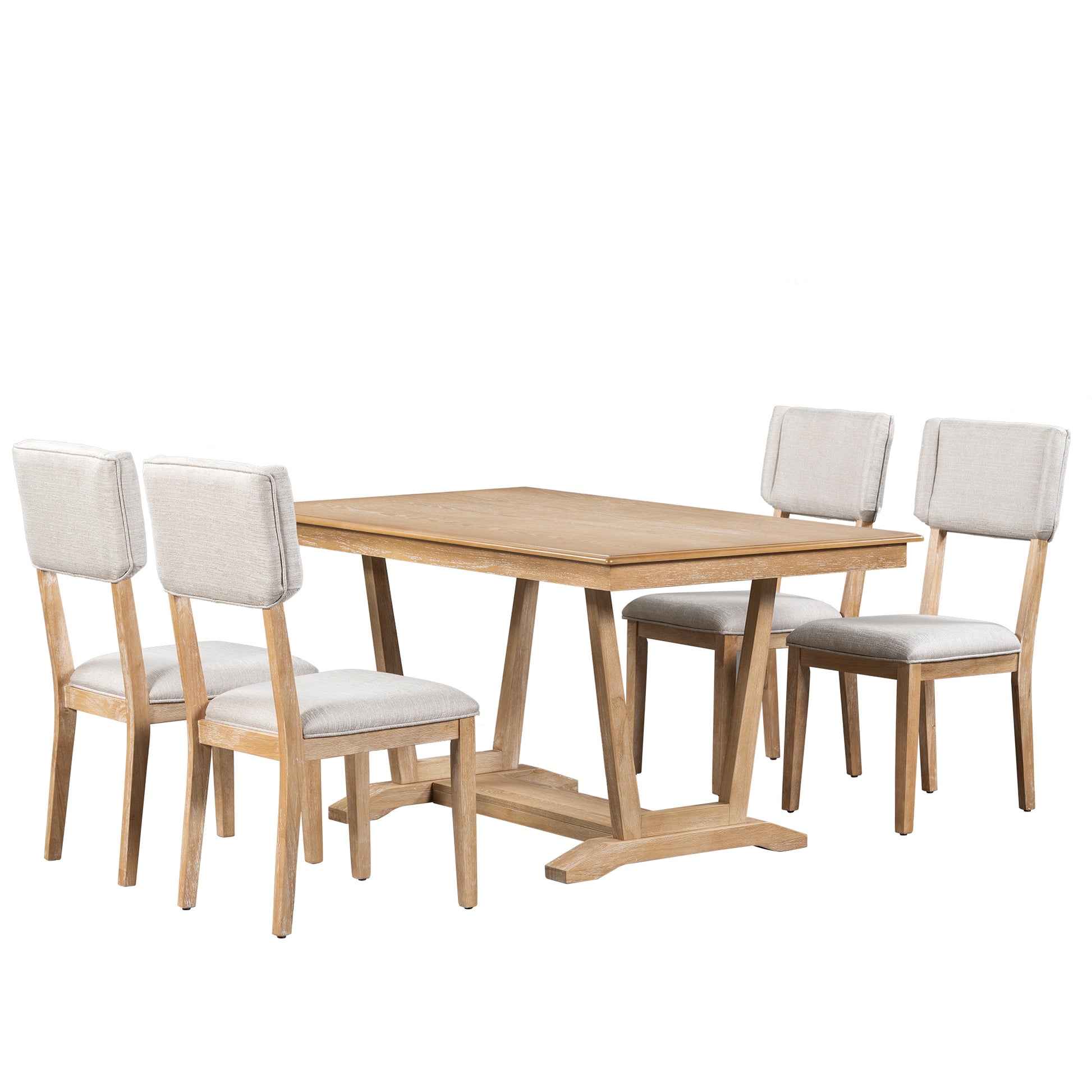 Rustic 5 Piece Dining Table Set With 4 Upholstered Chairs, 59 Inch Rectangular Dining Table With Trestle Table Base, Naural Wood Dining Room Solid Wood Rubberwood Rectangular Dining Table With Chair Upholstered Chair Wood Natural Solid Back Seats 4