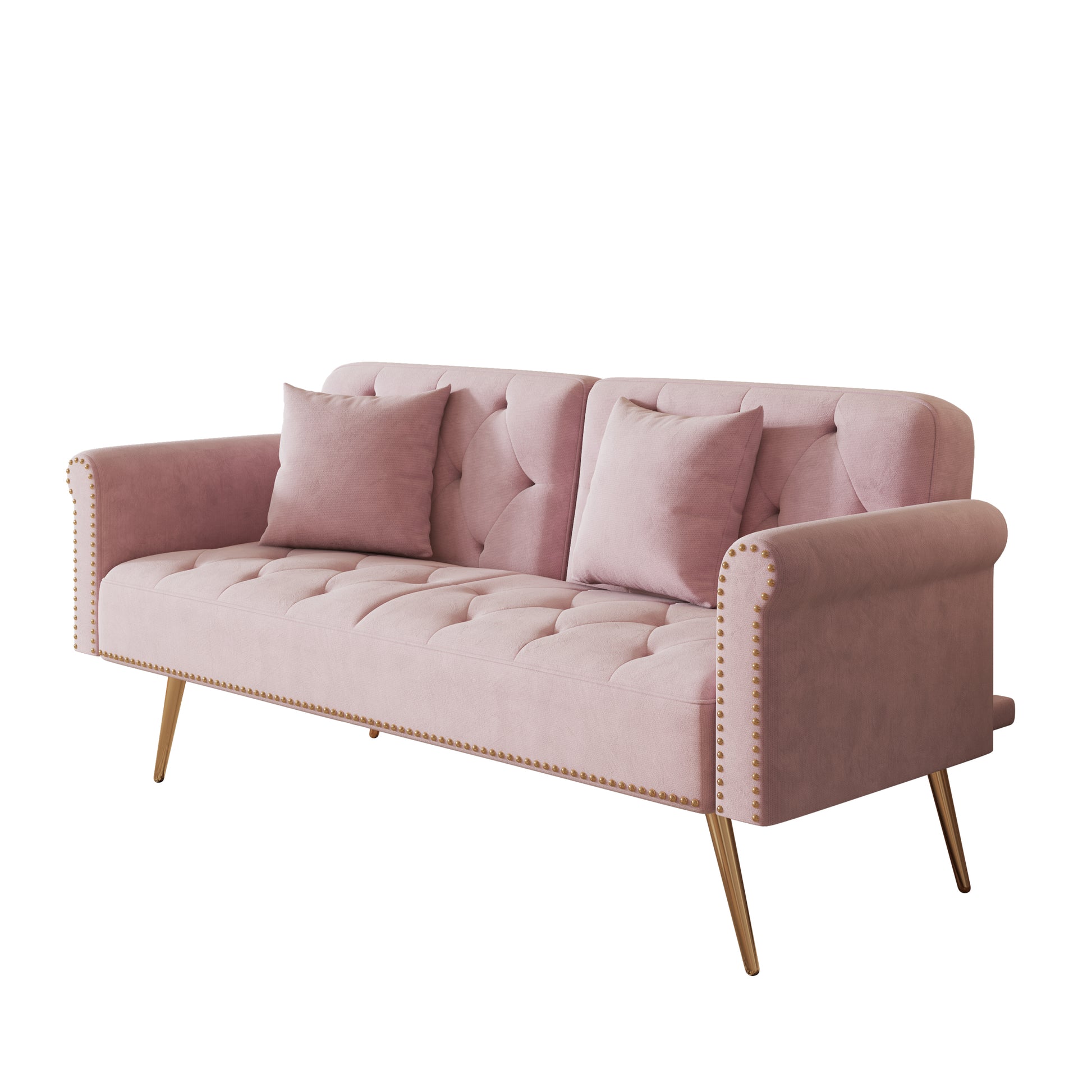 69.7 Inch Pink Velvet Nail Head Sofa Bed With Throw Pillow Pink Velvet 2 Seat