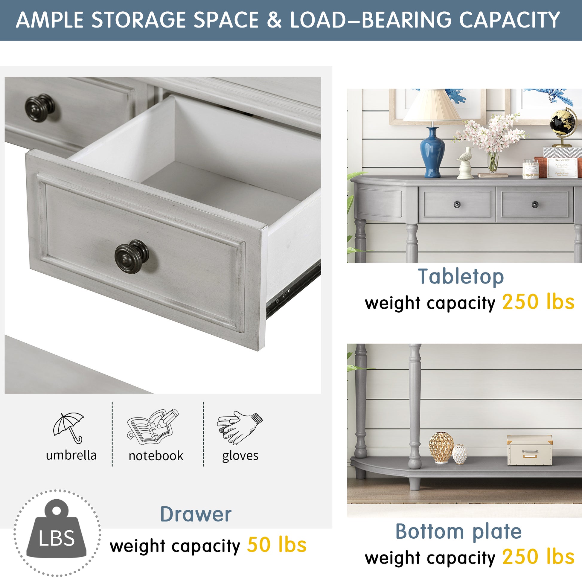 Retro Circular Curved Design Console Table With Open Style Shelf Solid Wooden Frame And Legs Two Top Drawers Gray Wash, Old Sku: Wf298768Aae Gray Wash Solid Wood
