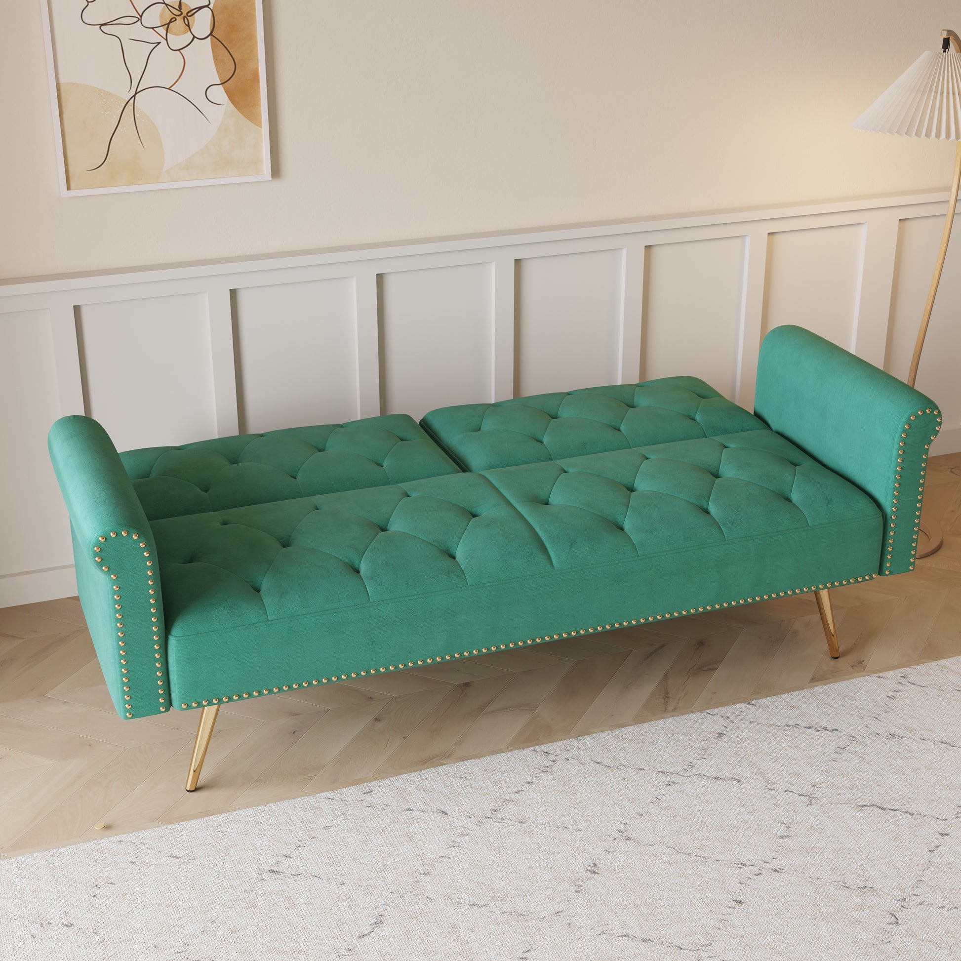 69.7 "Green Velvet Nail Head Sofa Bed With Throw Pillow Green Velvet 2 Seat