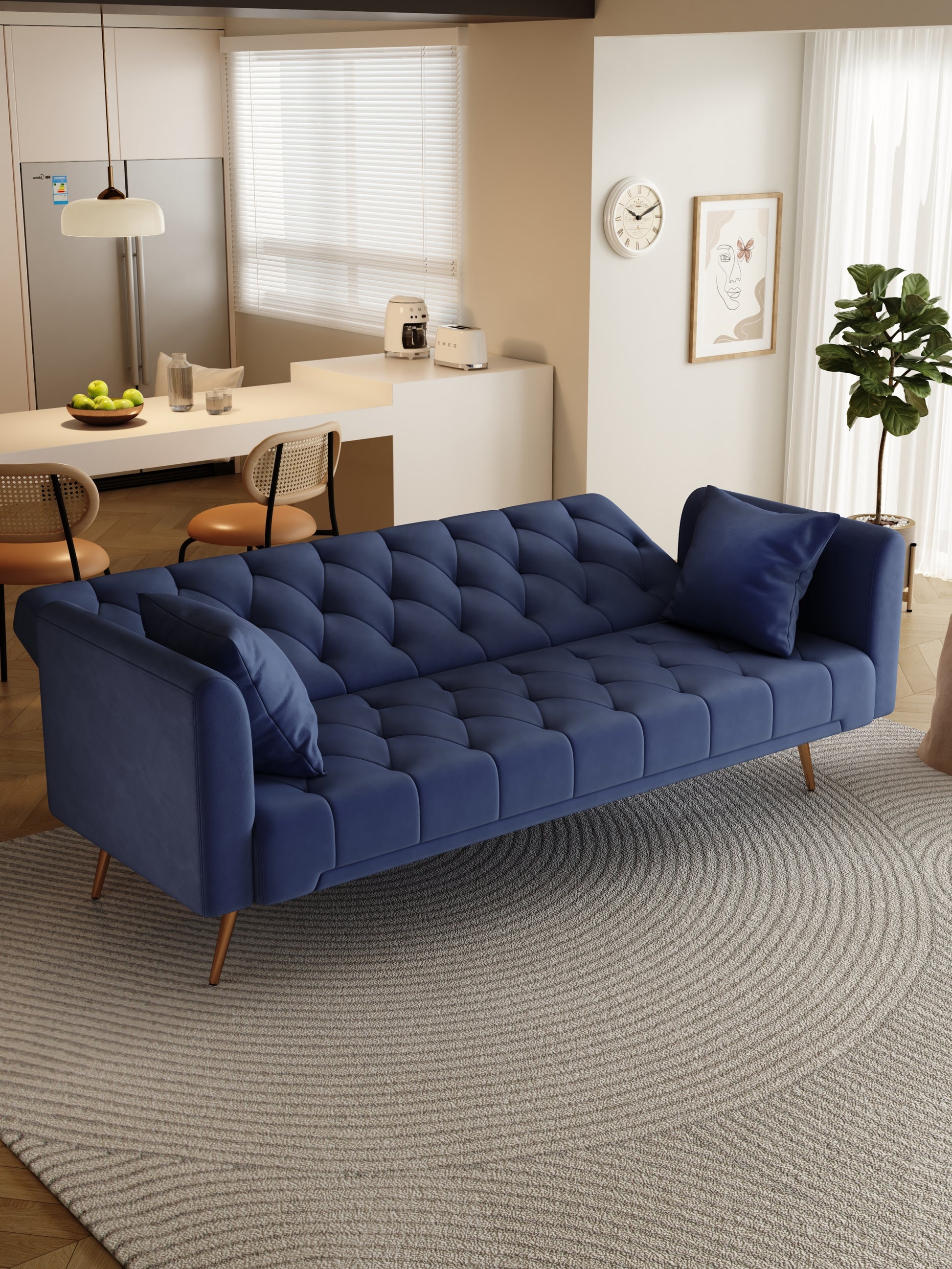 71 Inch Convertibleseat Sofa, American Retro Blue Velvet Material, Suitable For Small Living Room, Bedroom, Office Blue Velvet 2 Seat