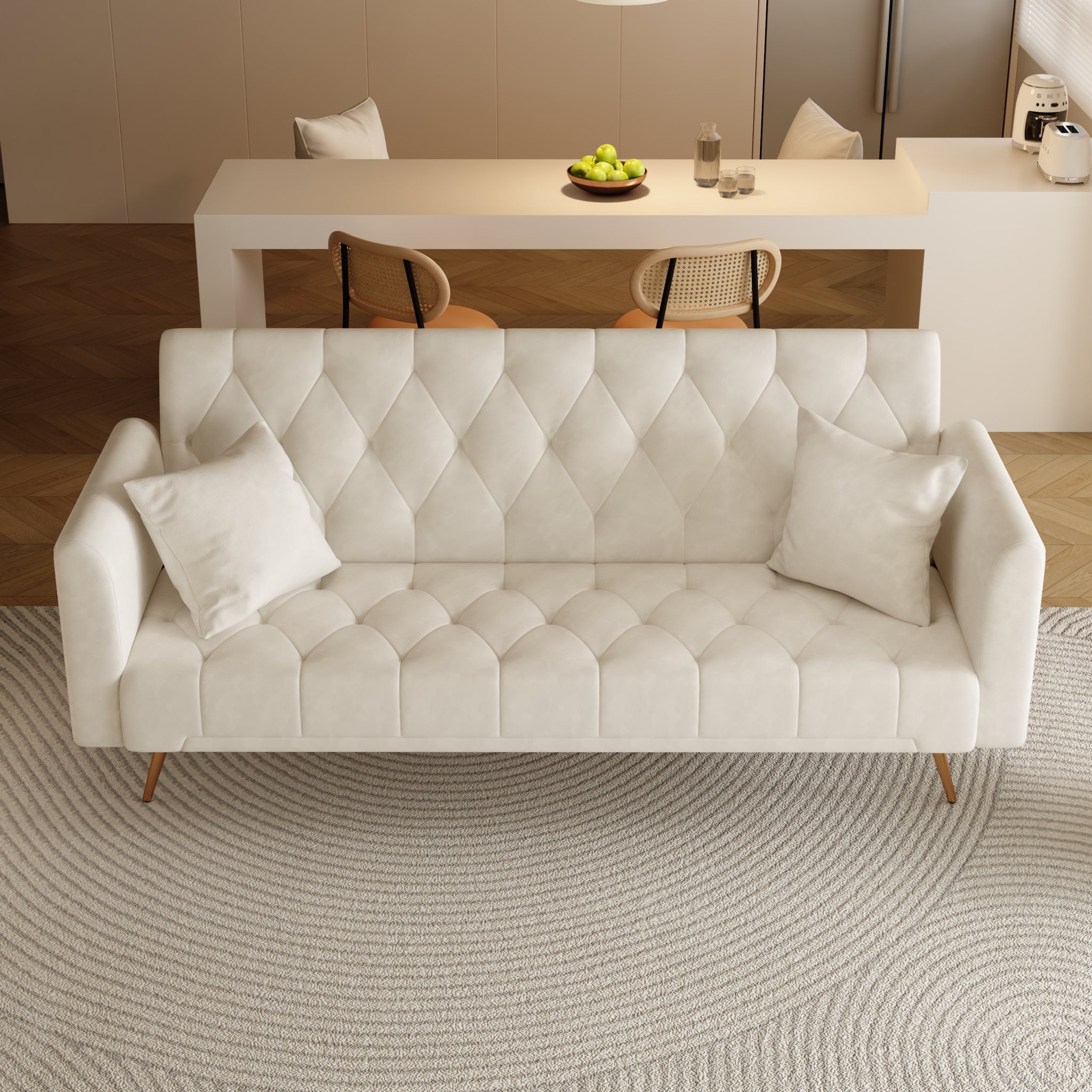 71 Inch Convertibleseat Sofa, American Retro Beige Velvet, Suitable For Small Living Room, Bedroom, Office Beige Velvet 2 Seat