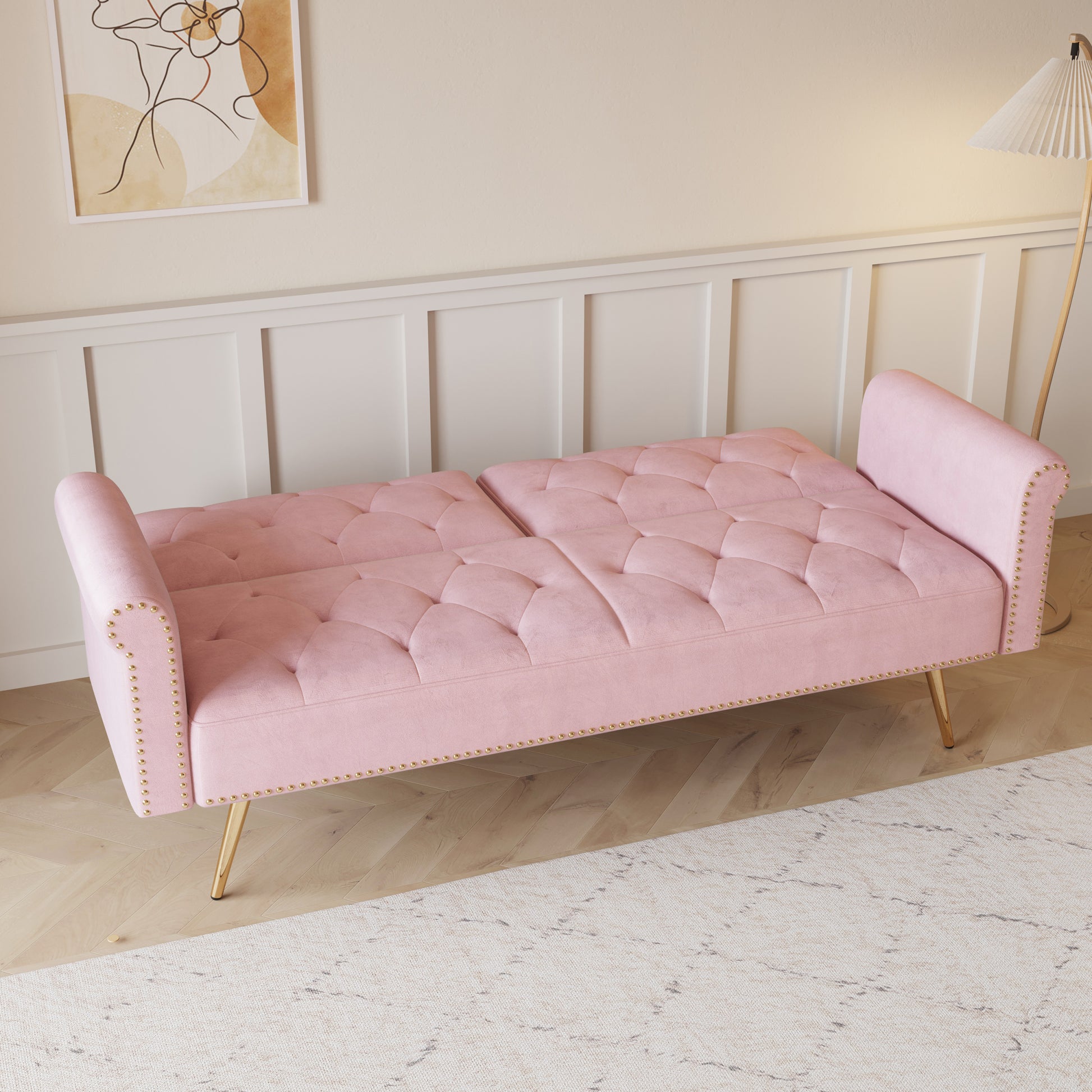 69.7 Inch Pink Velvet Nail Head Sofa Bed With Throw Pillow Pink Velvet 2 Seat