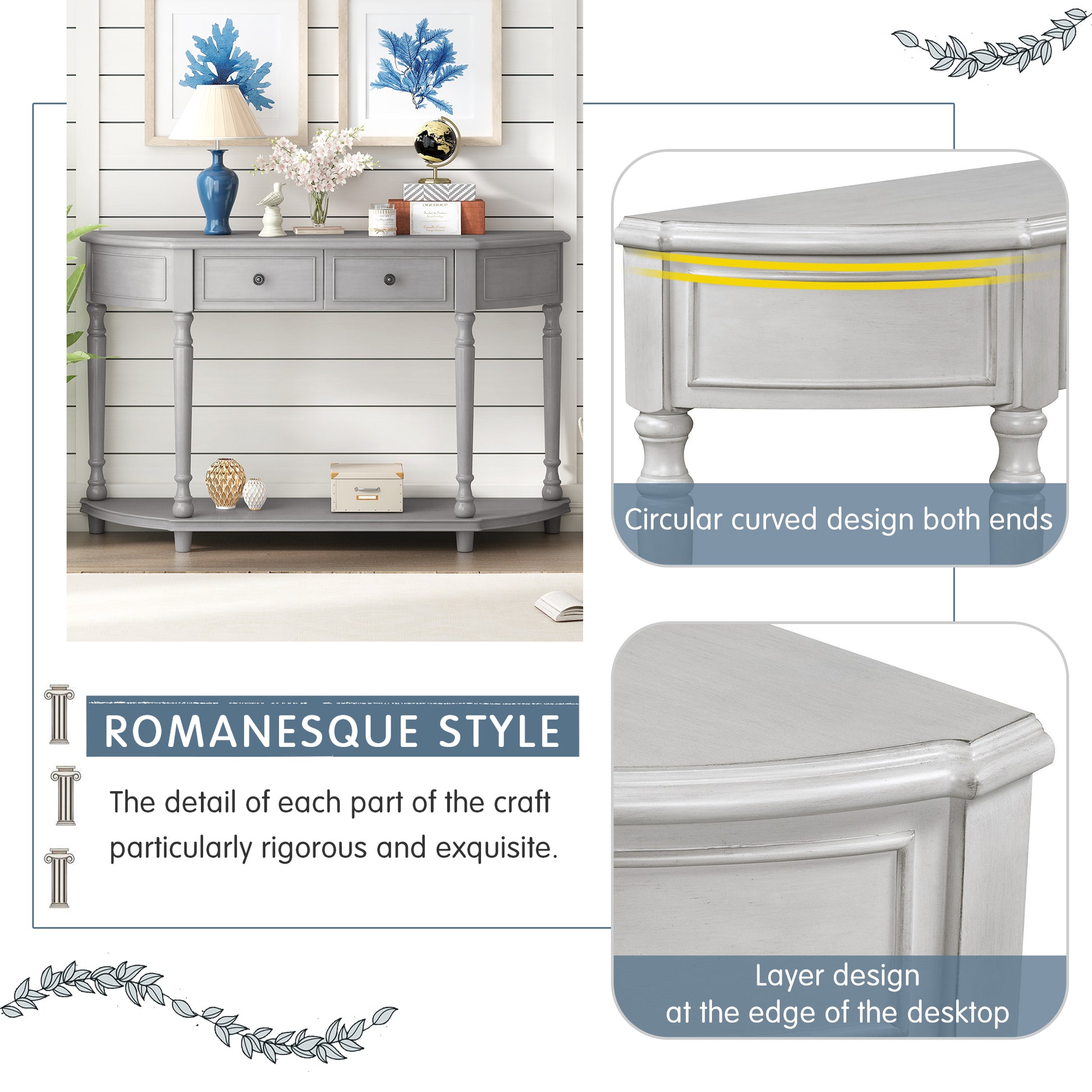 Retro Circular Curved Design Console Table With Open Style Shelf Solid Wooden Frame And Legs Two Top Drawers Gray Wash, Old Sku: Wf298768Aae Gray Wash Solid Wood