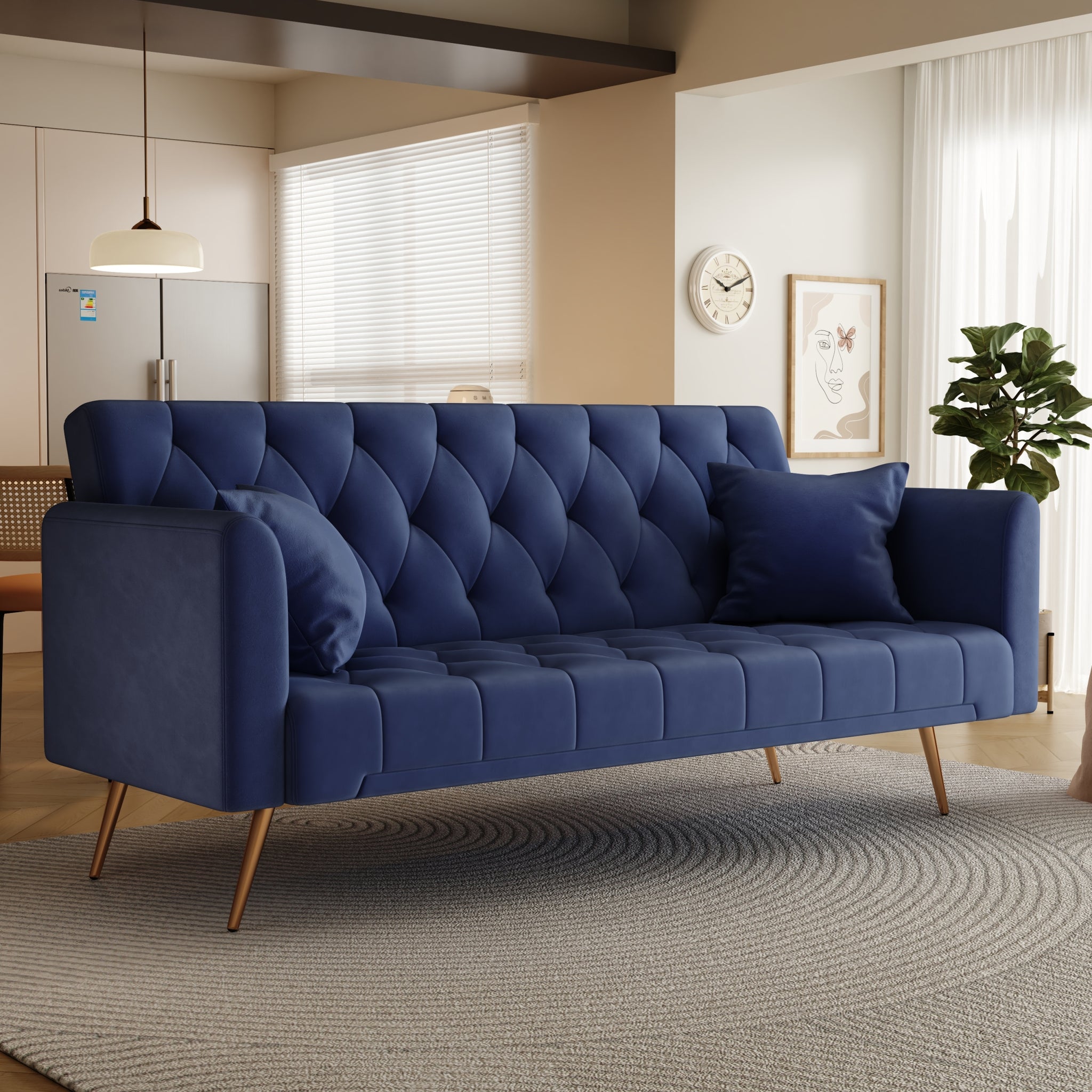 71 Inch Convertibleseat Sofa, American Retro Blue Velvet Material, Suitable For Small Living Room, Bedroom, Office Blue Velvet 2 Seat