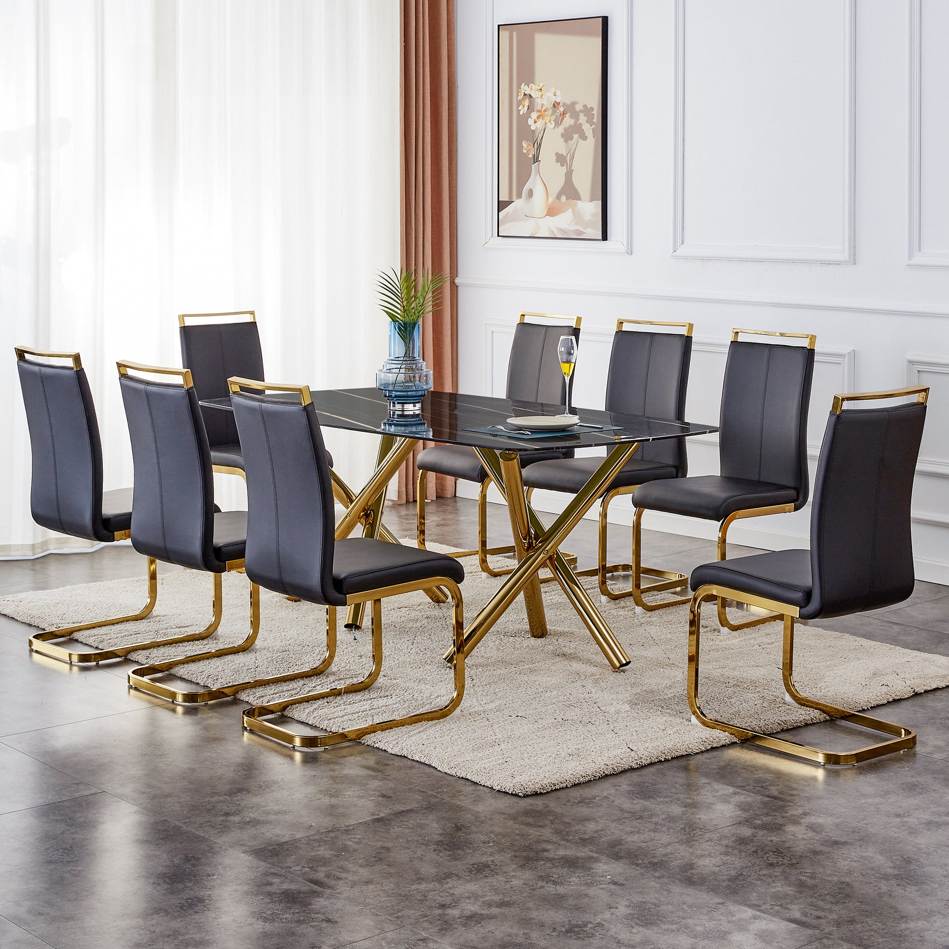Large Modern Minimalist Rectangular Glass Dining Table 0.39" Fibertempering Glass Imitation Marble Black Desktop And Golden Metal Legs, For Kitchen Dining Living Meeting Room Banquet Hal Black Glass