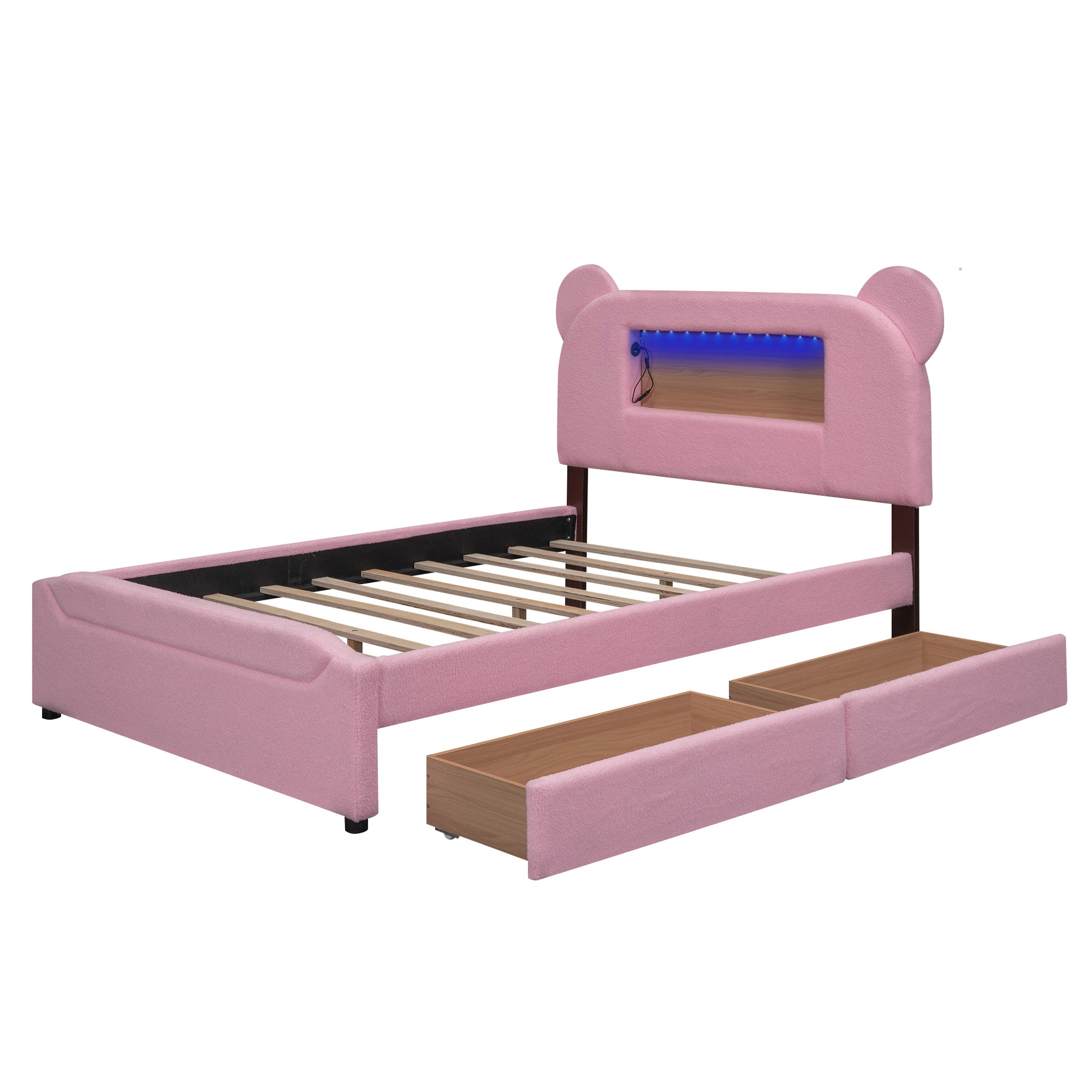 Full Size Upholstered Storage Platform Bed With Cartoon Ears Headboard, Led And Usb, Pink Box Spring Not Required Full Pink Wood Bedroom Bed Frame Upholstered