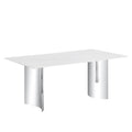 Modern Minimalist Dining Table. The White Imitation Marble Glass Desktop Is Equipped With Silver Metal Legs. Suitable For Restaurants And Living Rooms 71