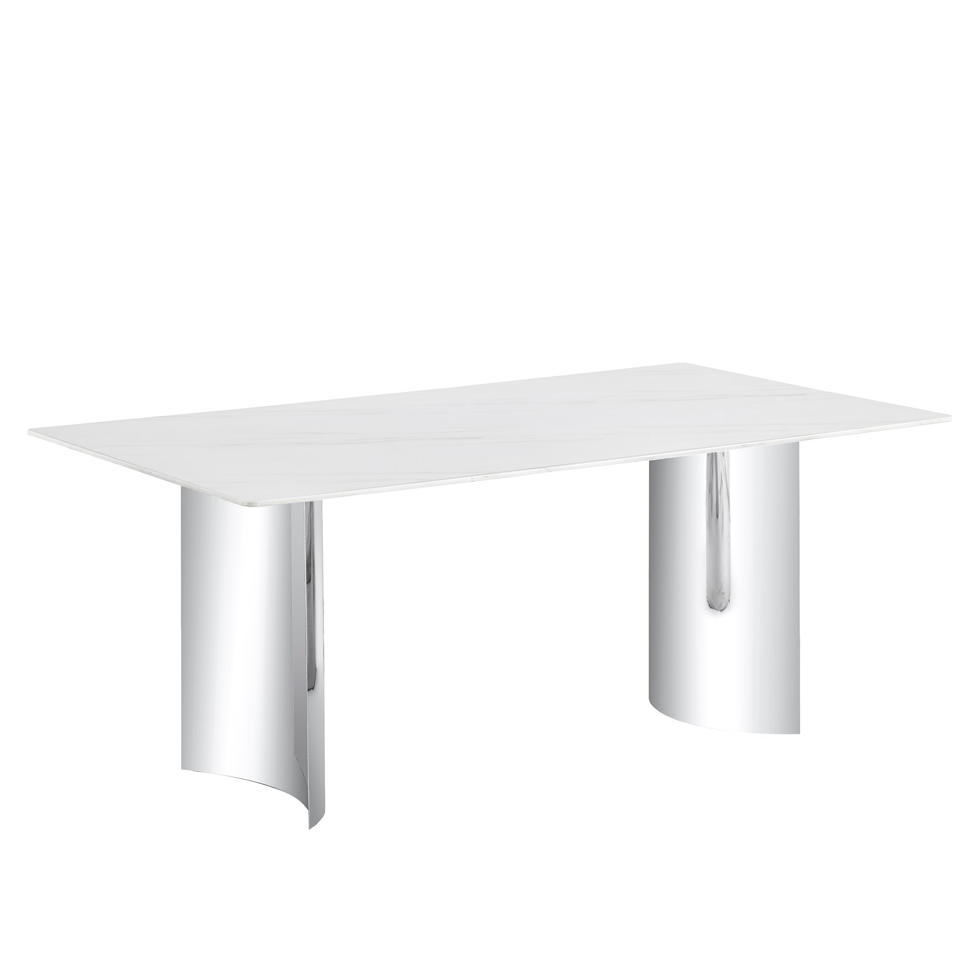 Modern Minimalist Dining Table. The White Imitation Marble Glass Desktop Is Equipped With Silver Metal Legs. Suitable For Restaurants And Living Rooms 71" *39.3" *29.5" Dt 69 White Glass