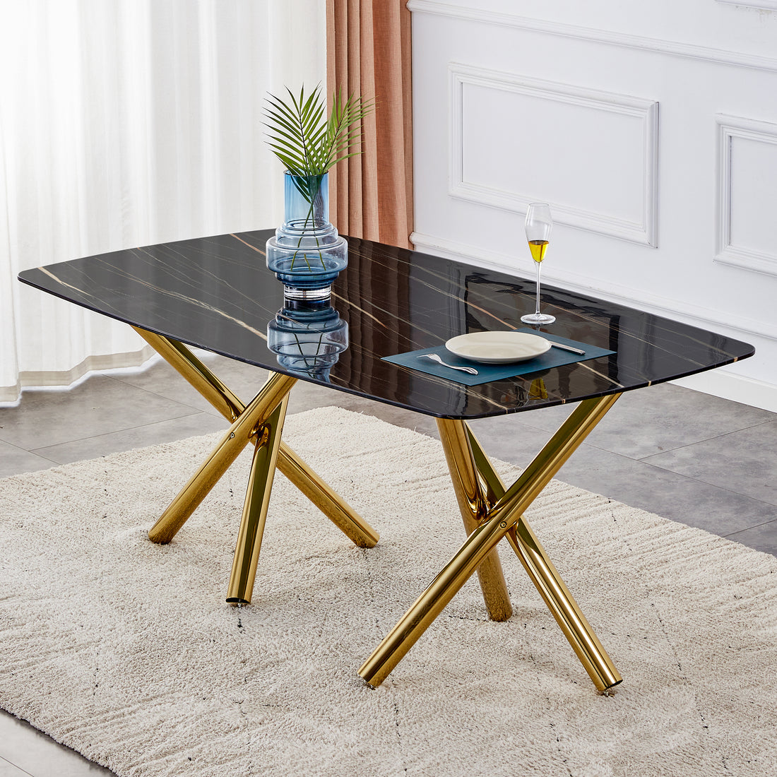 Large Modern Minimalist Rectangular Glass Dining Table 0.39" Fibertempering Glass Imitation Marble Black Desktop And Golden Metal Legs, For Kitchen Dining Living Meeting Room Banquet Hal Black Glass