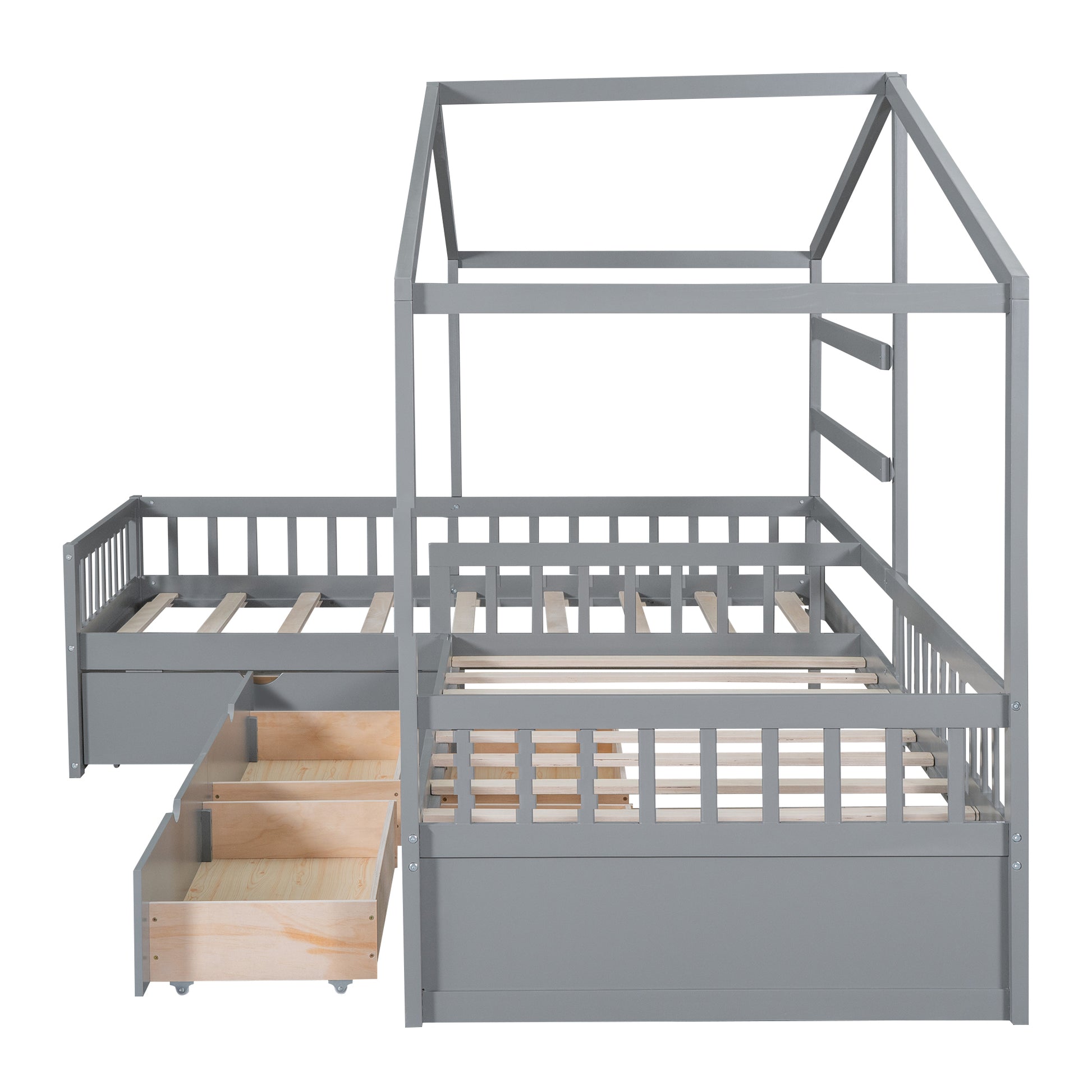 Twin Size House Platform Bed With Three Storage Drawers,Gray Box Spring Not Required Twin Gray Wood Bedroom Pine