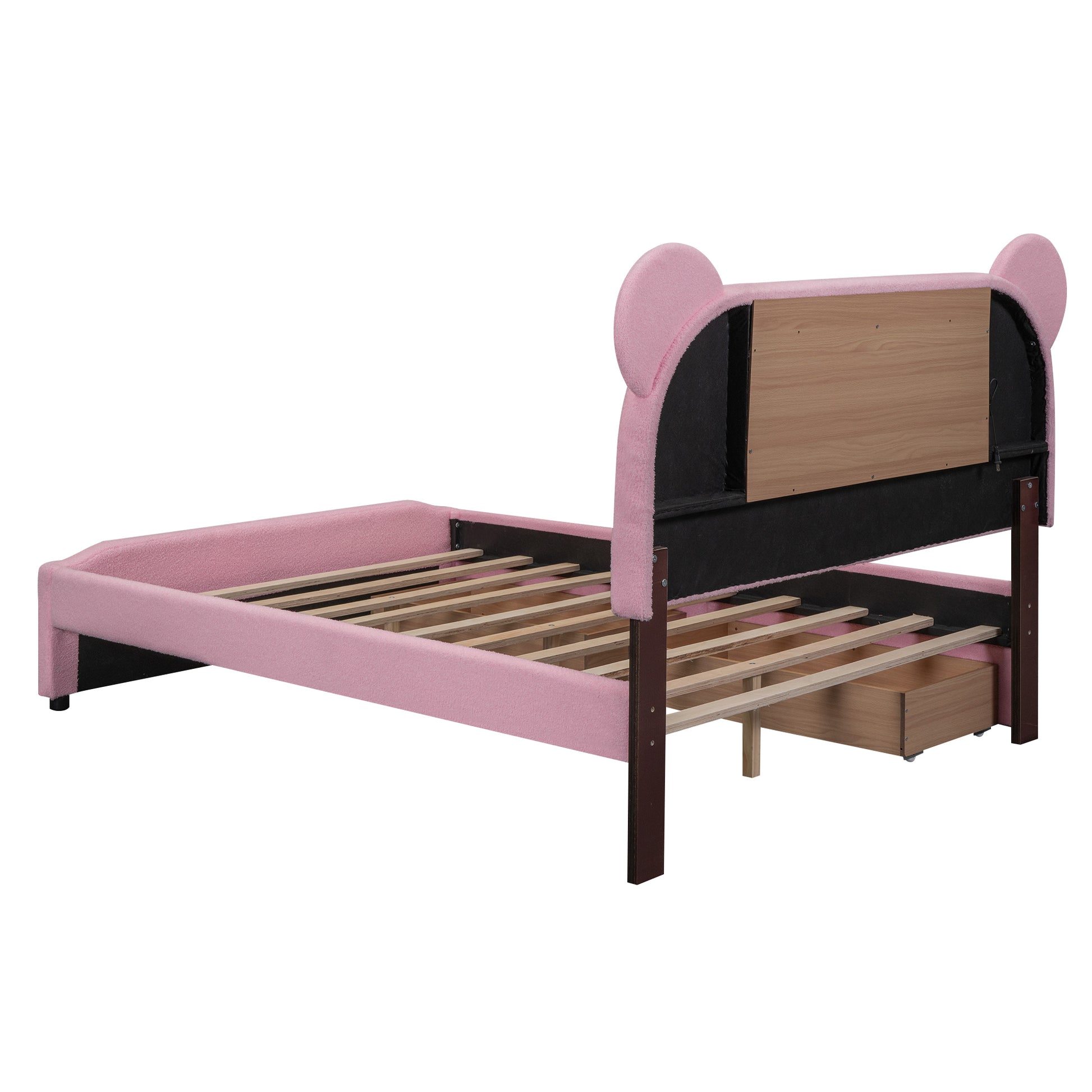 Full Size Upholstered Storage Platform Bed With Cartoon Ears Headboard, Led And Usb, Pink Box Spring Not Required Full Pink Wood Bedroom Bed Frame Upholstered