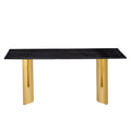 Modern Minimalist Dining Table. The Black Patterned Glass Desktop Is Equipped With Golden Metal Legs. Suitable For Restaurants And Living Rooms 71