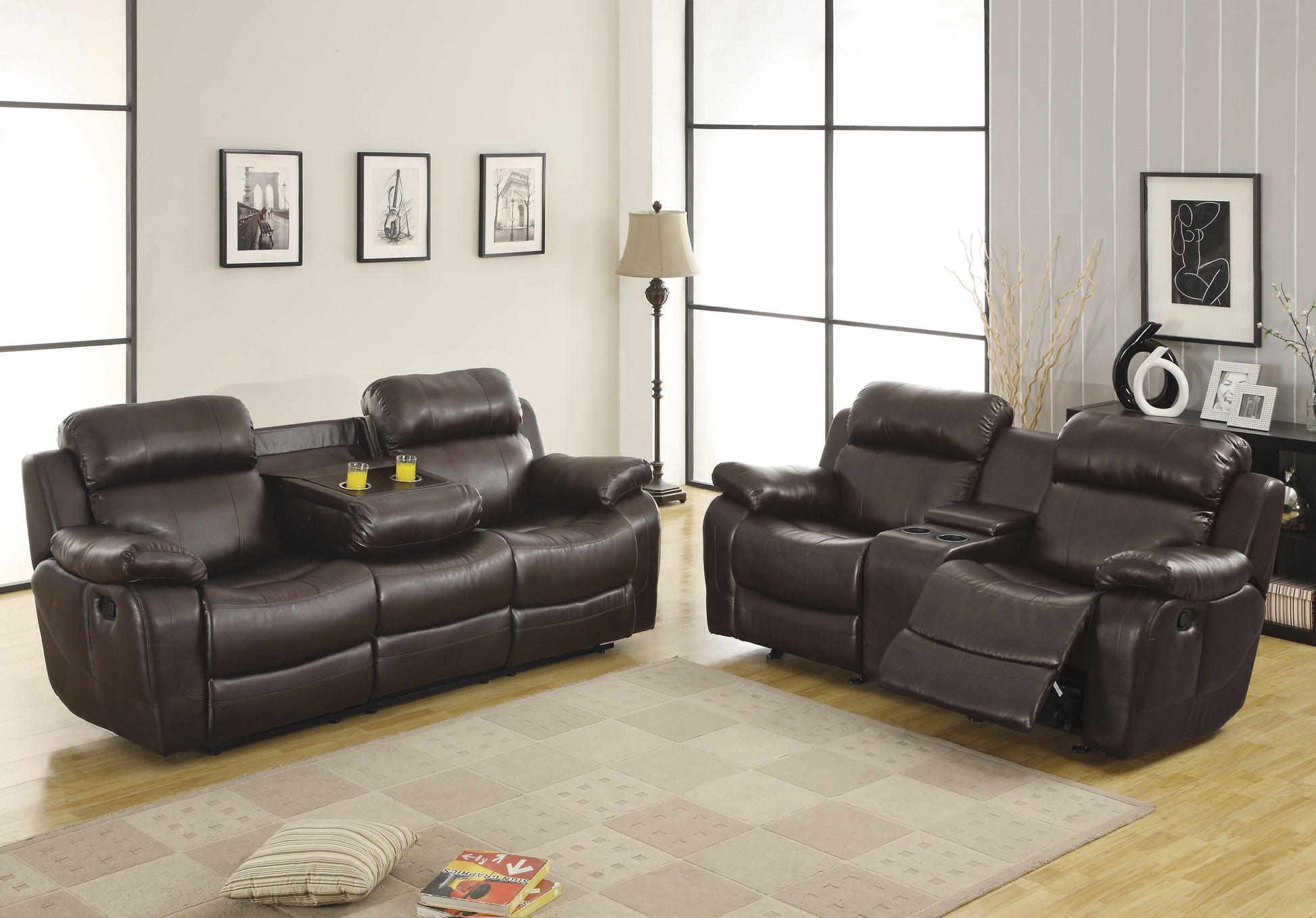 Contemporary Brown Faux Leather Upholstered 1Pc Double Reclining Sofa W Center Drop Down Cup Holder Living Room Furniture Brown Faux Leather Wood Primary Living Space Pillow Top Arms Solid Wood 3 Seat