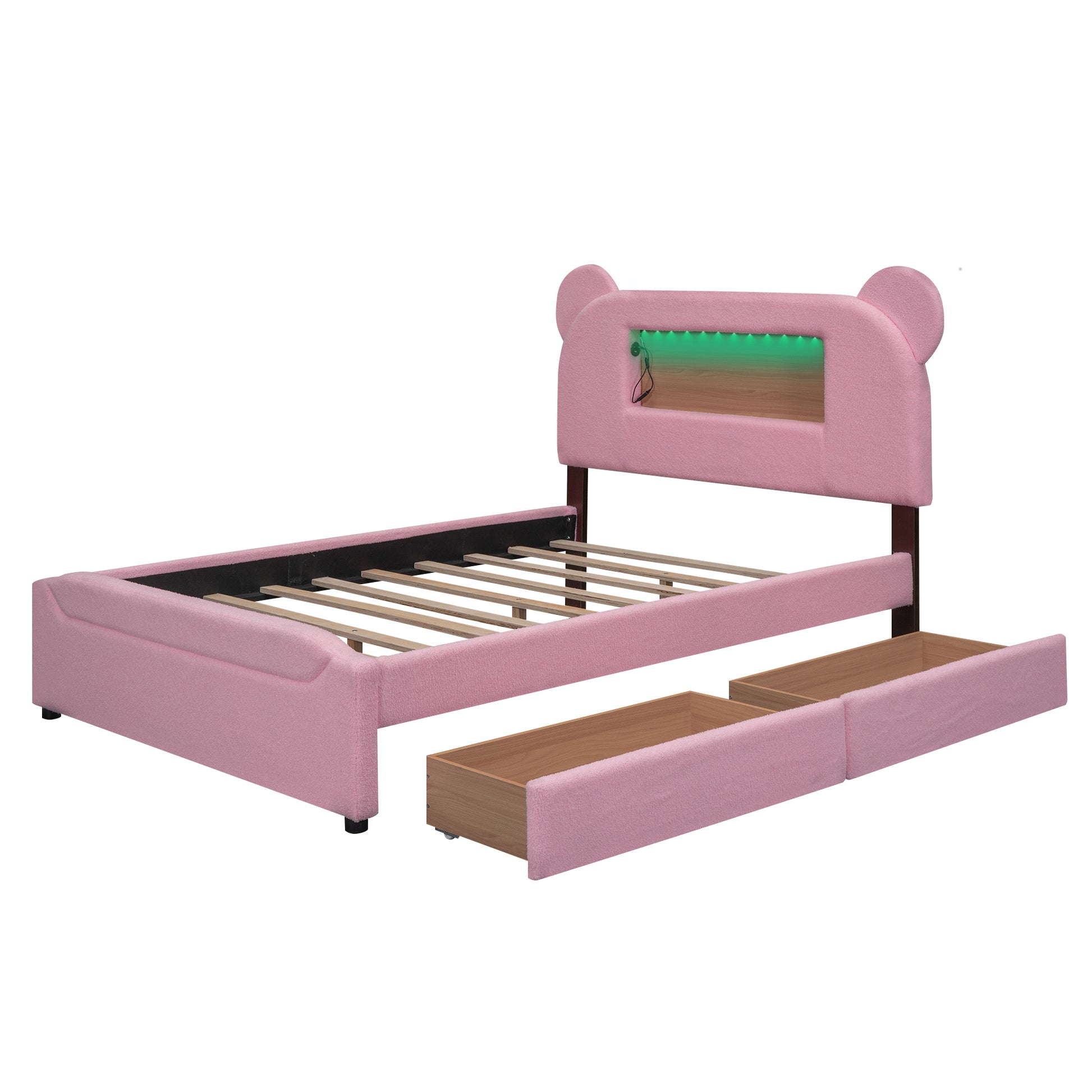 Full Size Upholstered Storage Platform Bed With Cartoon Ears Headboard, Led And Usb, Pink Box Spring Not Required Full Pink Wood Bedroom Bed Frame Upholstered
