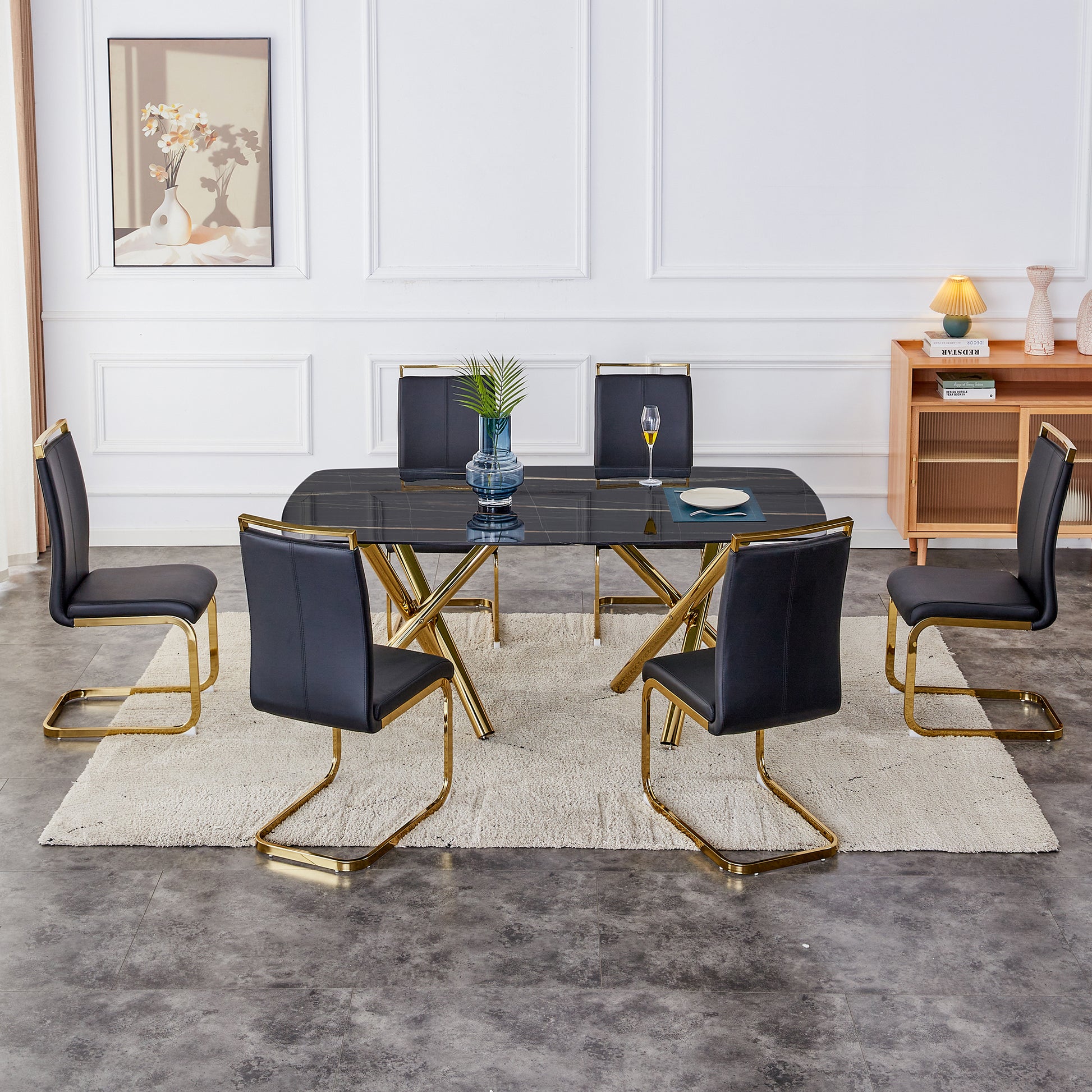 Large Modern Minimalist Rectangular Glass Dining Table 0.39" Fibertempering Glass Imitation Marble Black Desktop And Golden Metal Legs, For Kitchen Dining Living Meeting Room Banquet Hal Black Glass