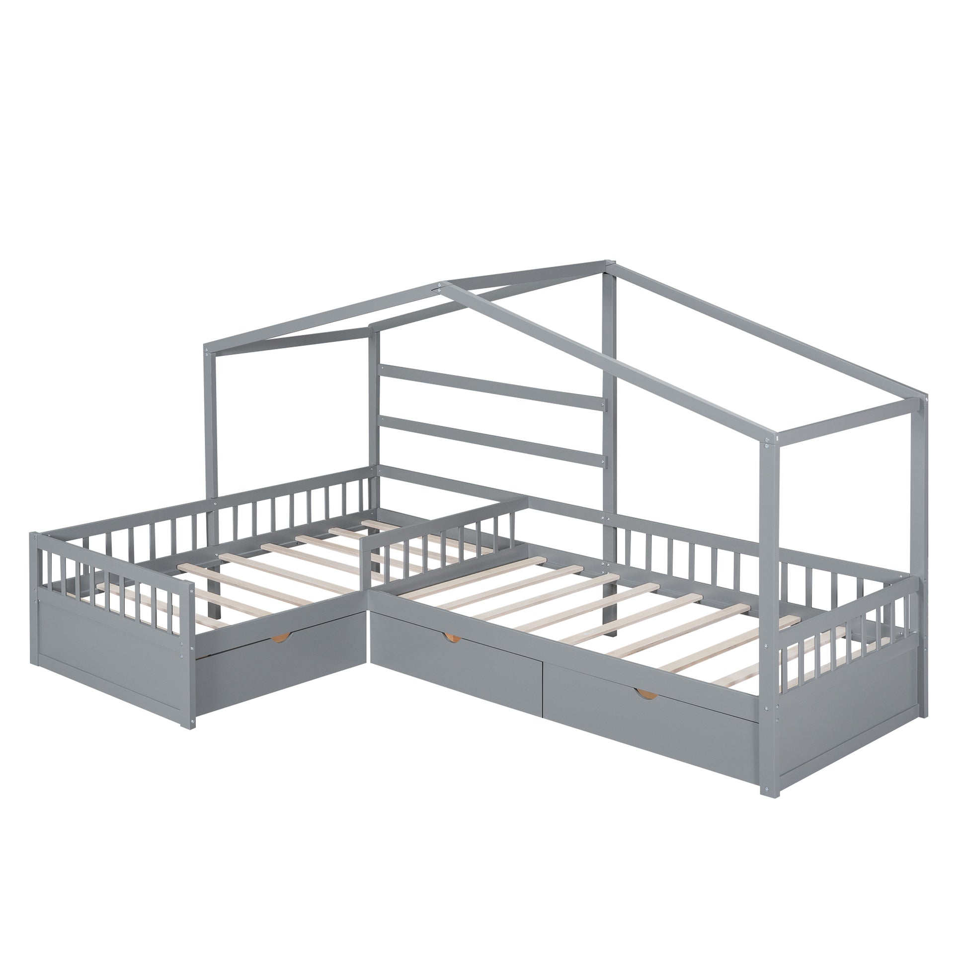 Twin Size House Platform Bed With Three Storage Drawers,Gray Box Spring Not Required Twin Gray Wood Bedroom Pine