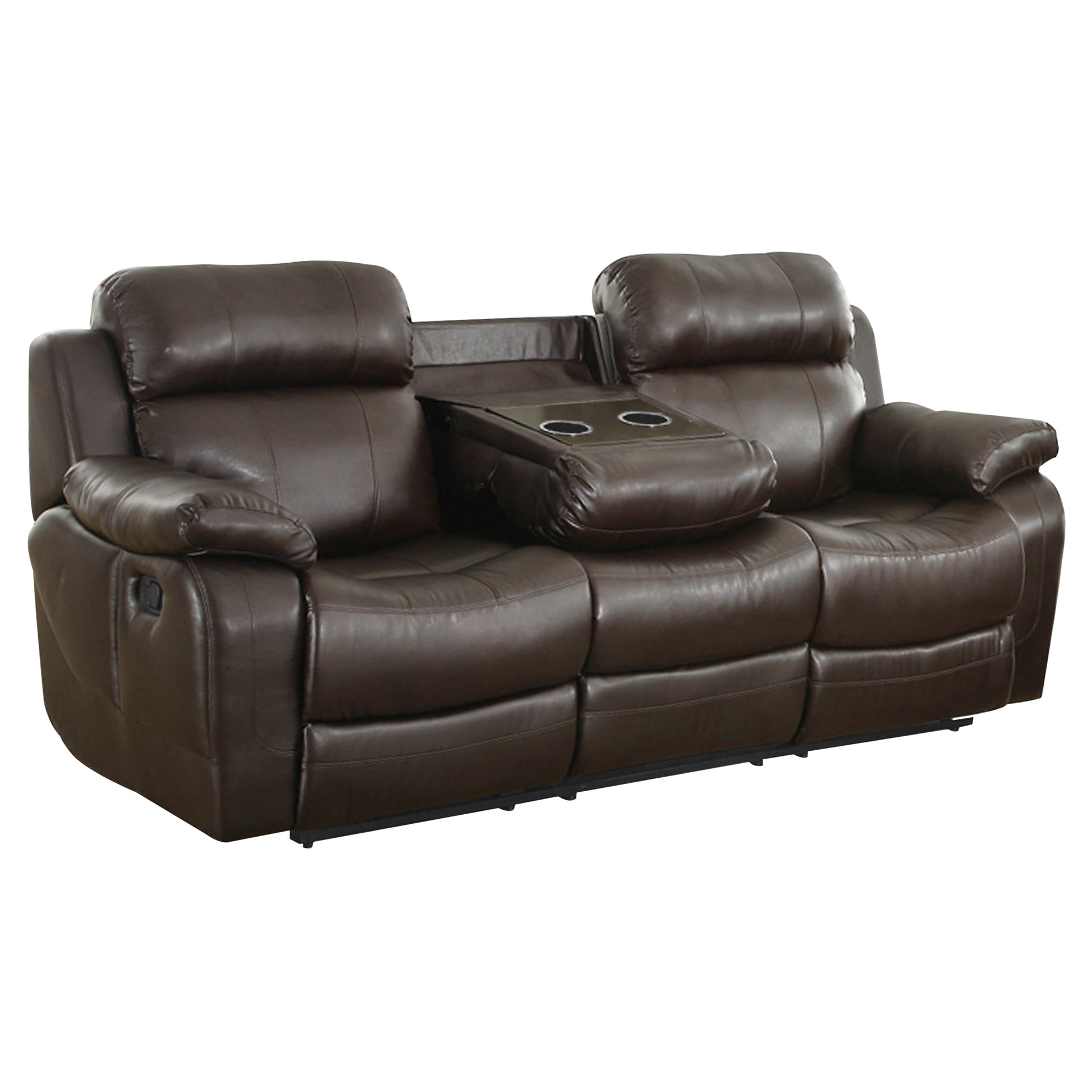 Contemporary Brown Faux Leather Upholstered 1Pc Double Reclining Sofa W Center Drop Down Cup Holder Living Room Furniture Brown Faux Leather Wood Primary Living Space Pillow Top Arms Solid Wood 3 Seat