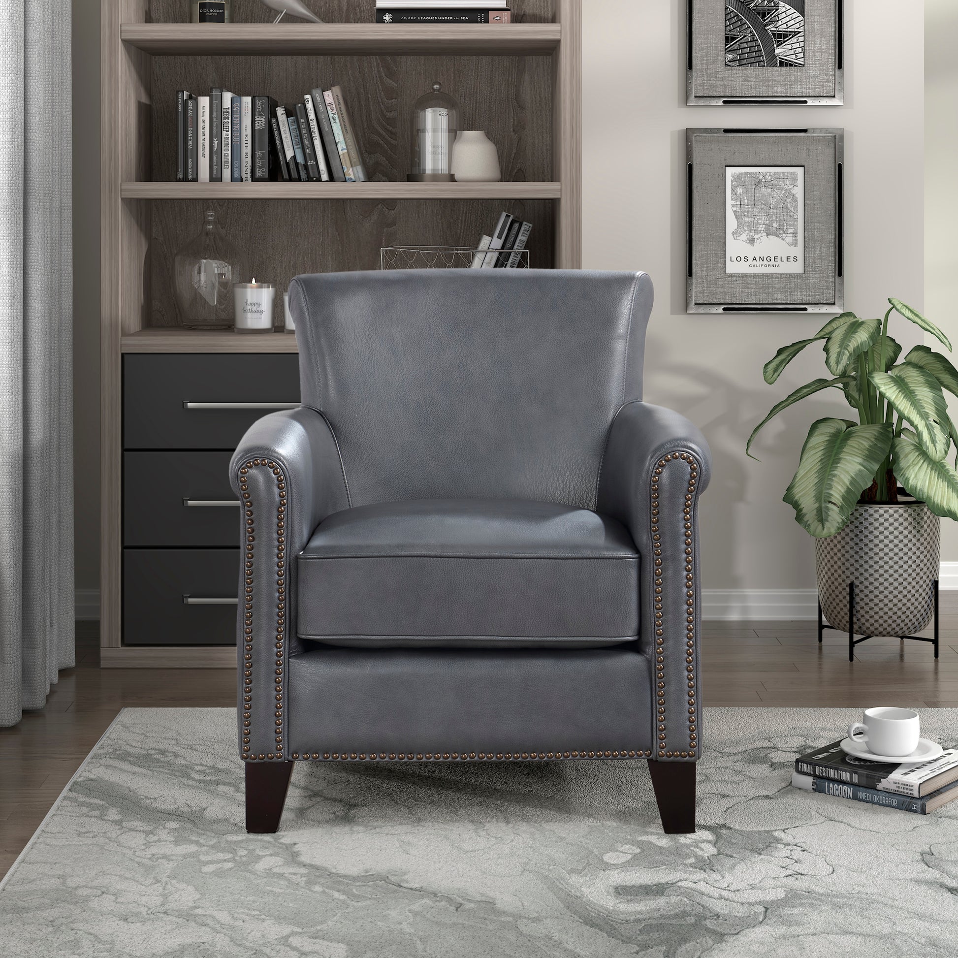 Classic Traditional Accent Chair 1Pc Solid Wood Frame Burnish Gray Top Grain Leather Trim Living Room Furniture Gray Primary Living Space Classic,Traditional,Transitional Solid Wood