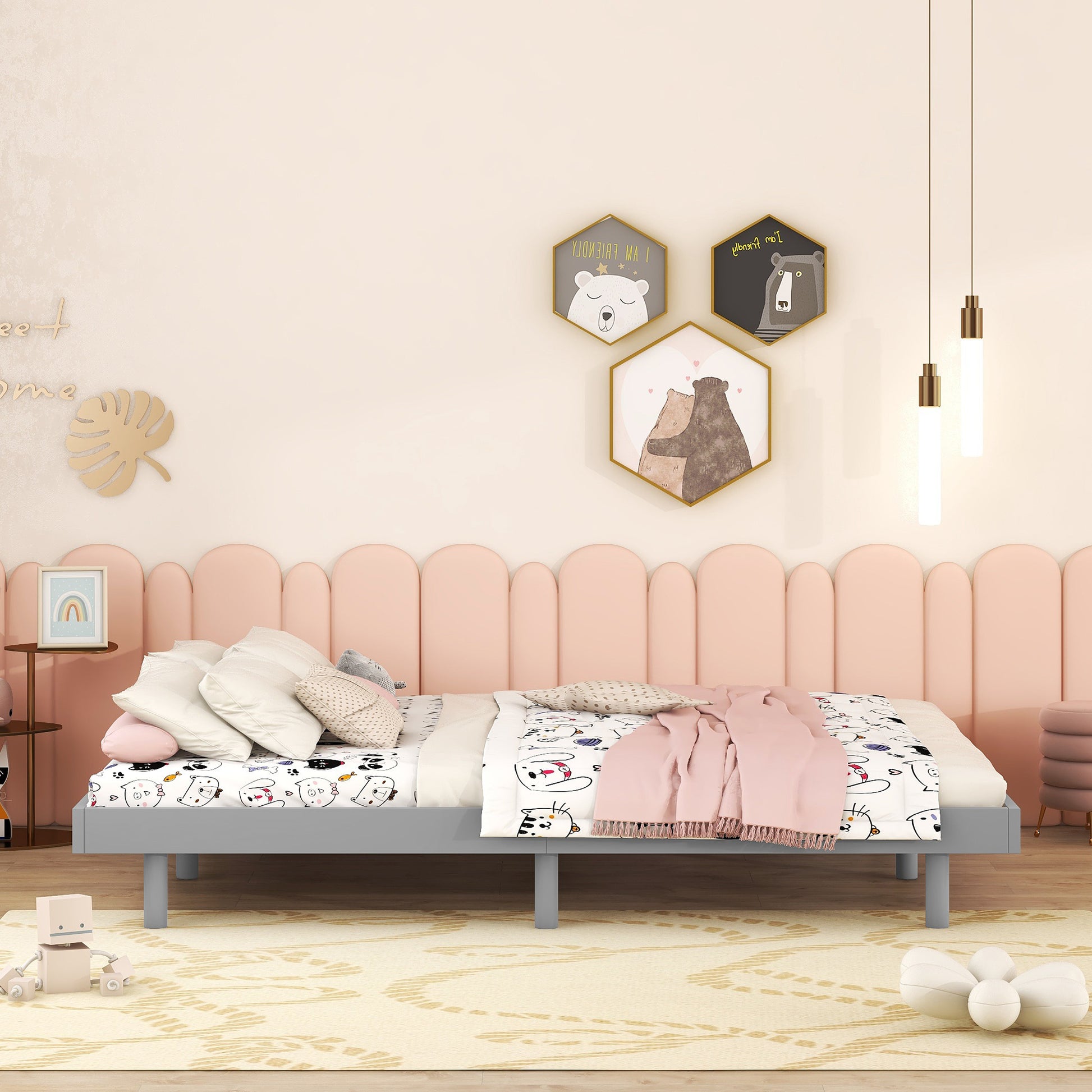 Modern Design Full Floating Platform Bed Frame For Grey Color Grey Particle Board