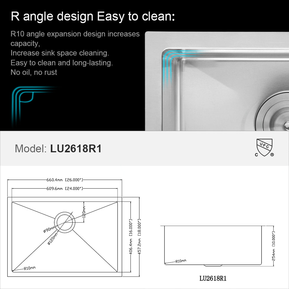 26 Inch Undermount Sink 26"X18"X10" Undermount Stainless Steel Kitchen Sink 16 Gauge 10 Inch Deep Single Bowl Kitchen Sink Basin Brushed Nickel Stainless Steel