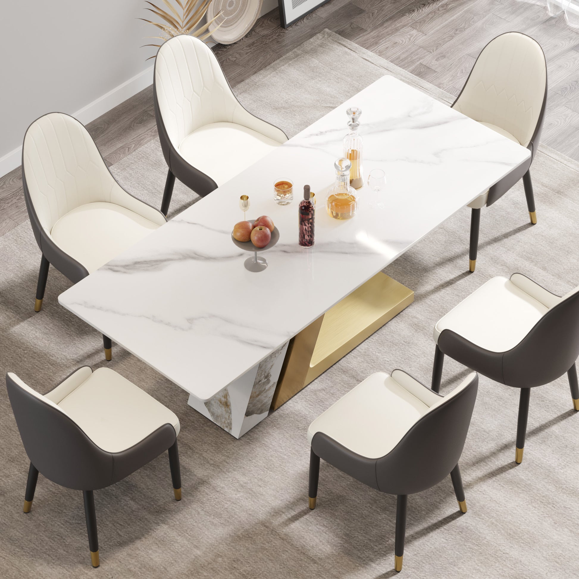 78.74"Modern Artificial Stone White Straight Panel, Golden White Metal Legs Can Accommodate 8 People. Not Including Chairs White Dining Room Metal Sintered Stone