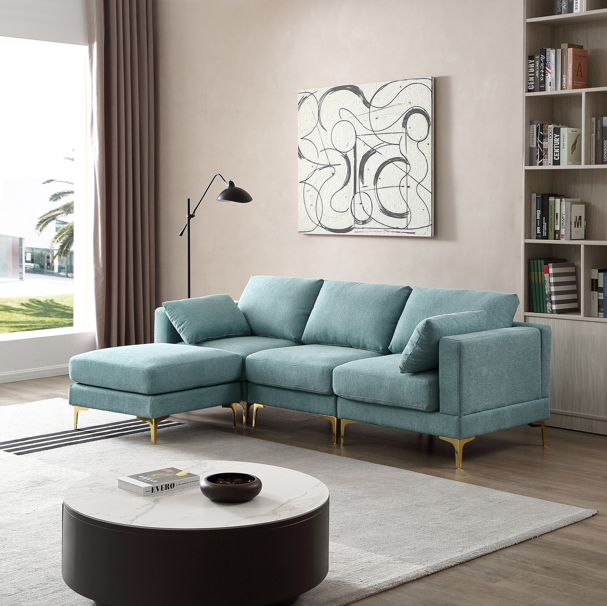 Adf Living Room Furniture Modern Leisure L Shape Couch Turquoise Fabric Turquoise Foam Fabric