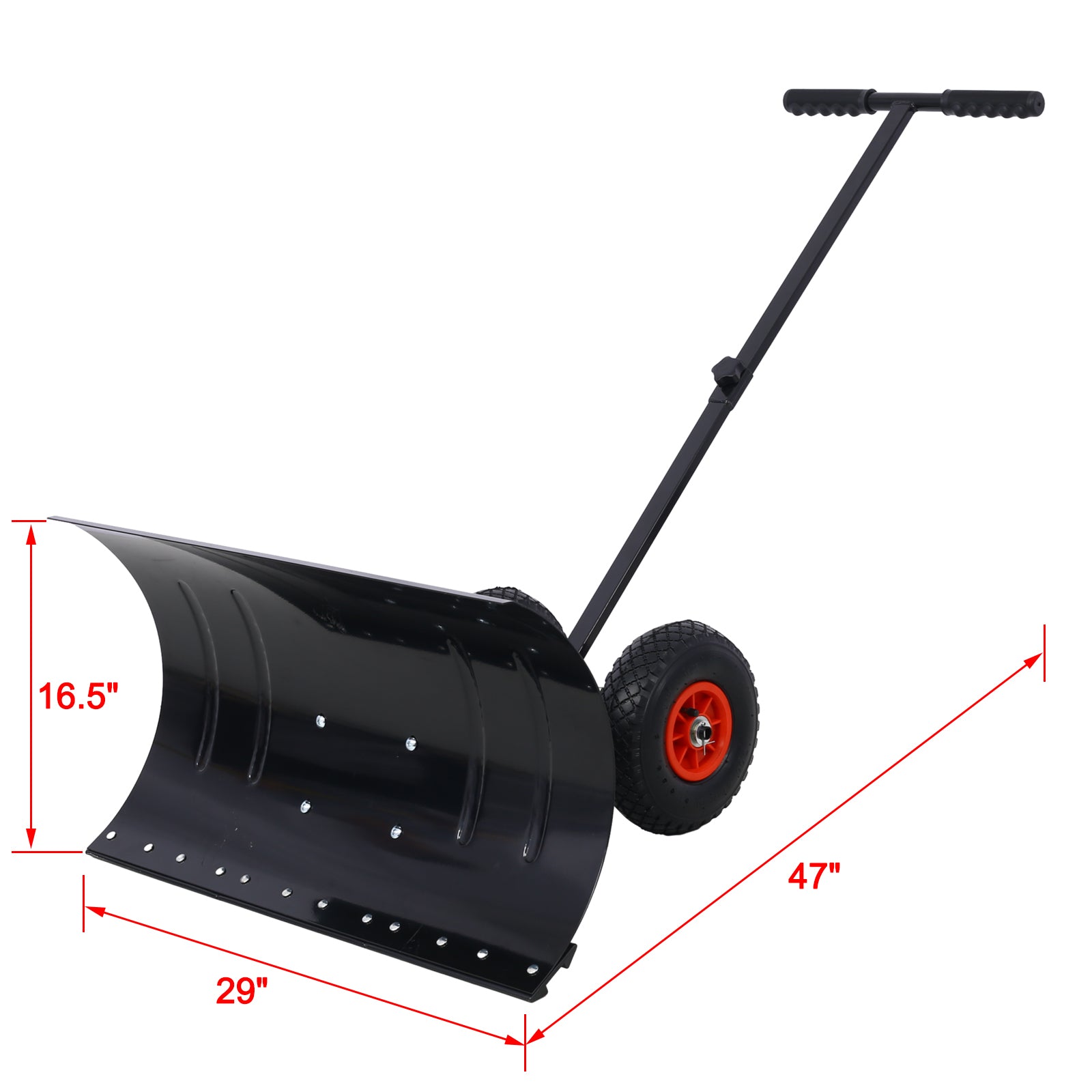 Snow Shovel With Wheels, Snow Pusher, Cushioned Adjustable Angle Handle Snow Removal Tool, 29" Blade, 10" Wheels,Black Color Black Sheet Metal