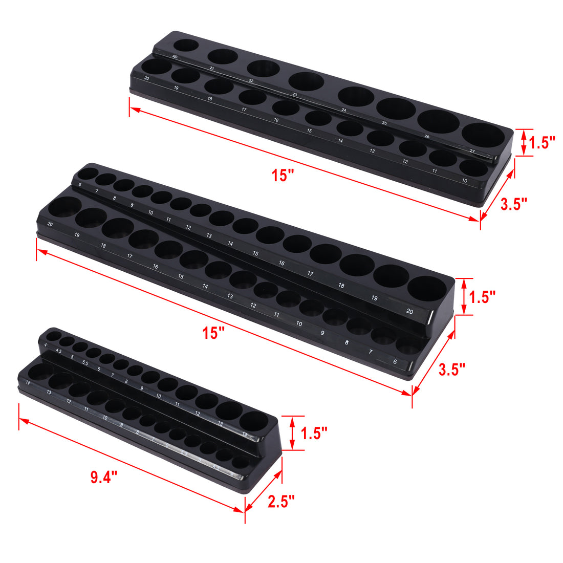 3 Piece Metric Magnetic Socket Organizers, Socket Organizers For Toolboxes, Socket Organizer, Magnetic Socket Holder, Black Tool Box Organizer.3Set,Black,Metric Black Plastic