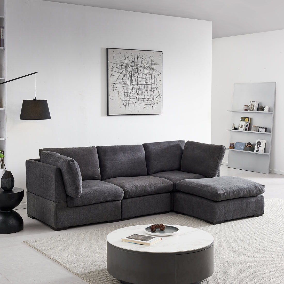 L Shape Modular Soft Fabric Sofa Filled With Down Dark Grey Dark Grey Down Filling Fabric