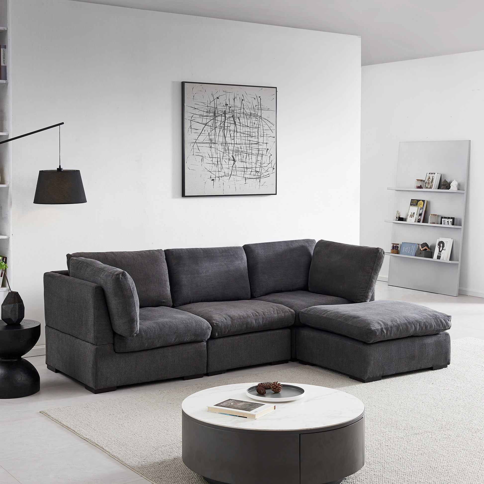 L Shape Modular Soft Fabric Sofa Filled With Down Dark Grey Dark Grey Down Filling Fabric