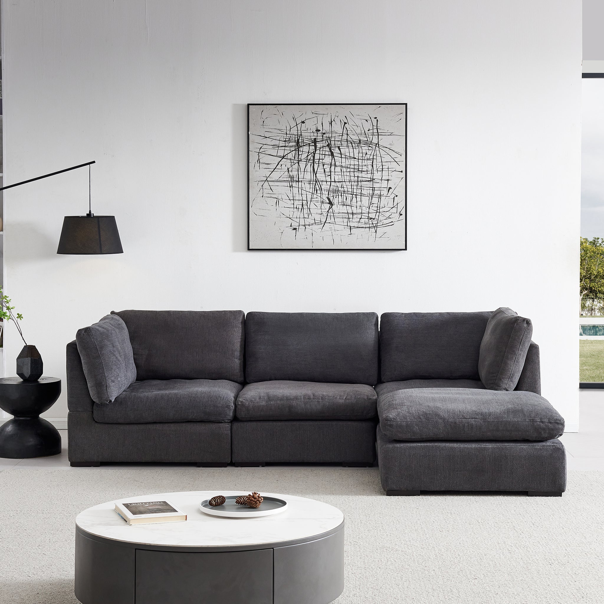 L Shape Modular Soft Fabric Sofa Filled With Down Dark Grey Dark Grey Down Filling Fabric
