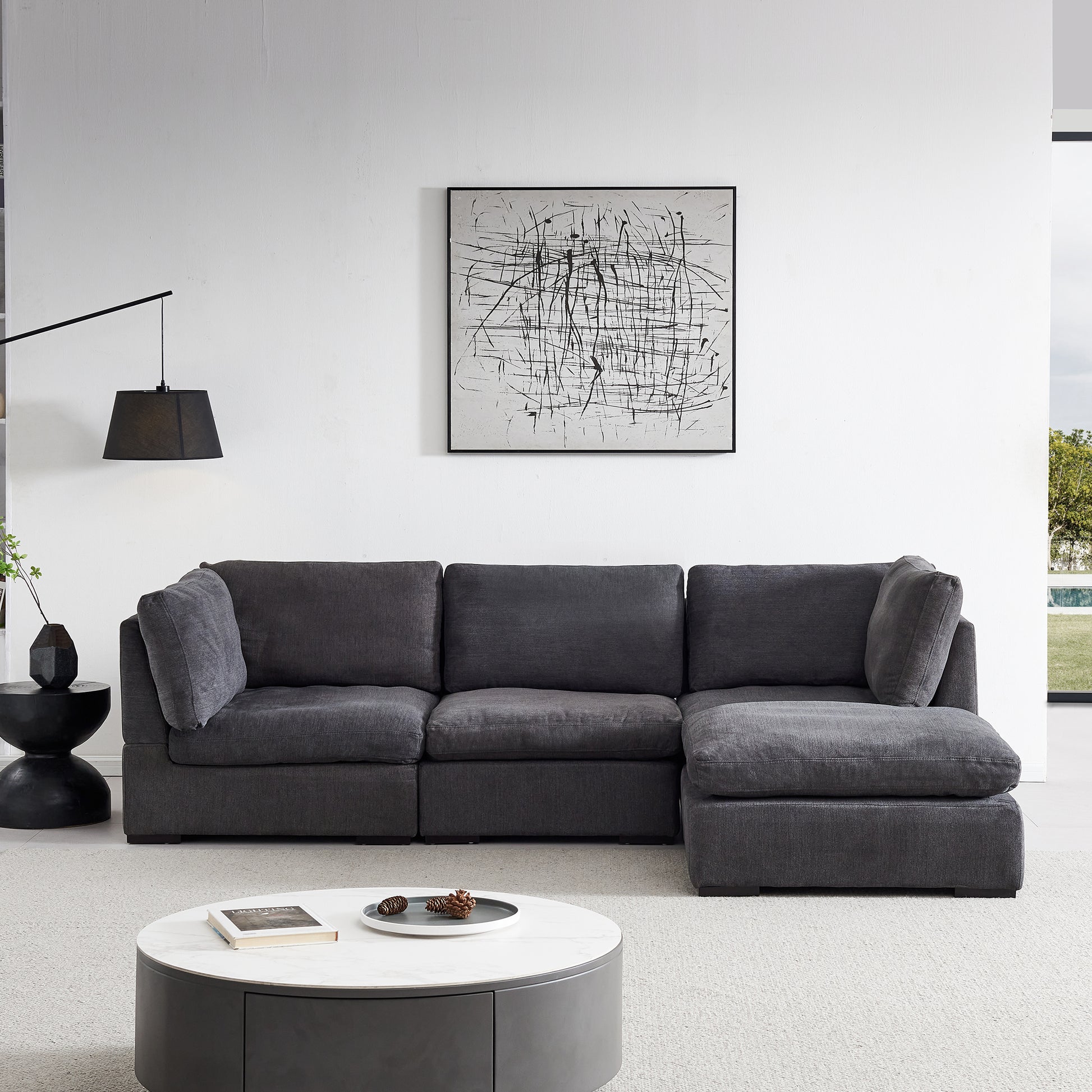 L Shape Modular Soft Fabric Sofa Filled With Down Dark Grey Dark Grey Down Filling Fabric