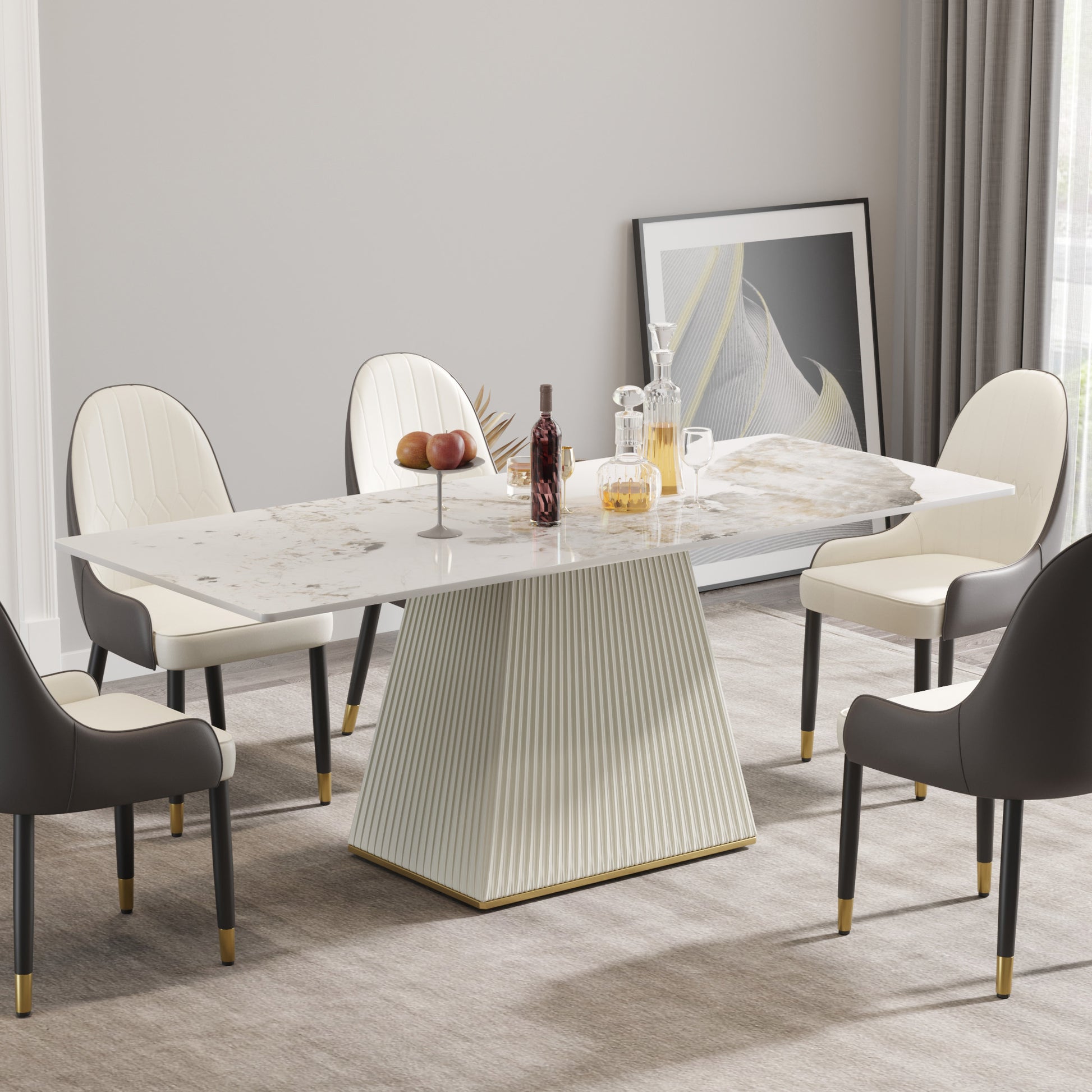 78.74" Modern Artificial Stone Pandora Straight Side Panel Beige Pu Plywood Table Legs Can Accommodate 8 People. White Dining Room Plywood Sintered Stone